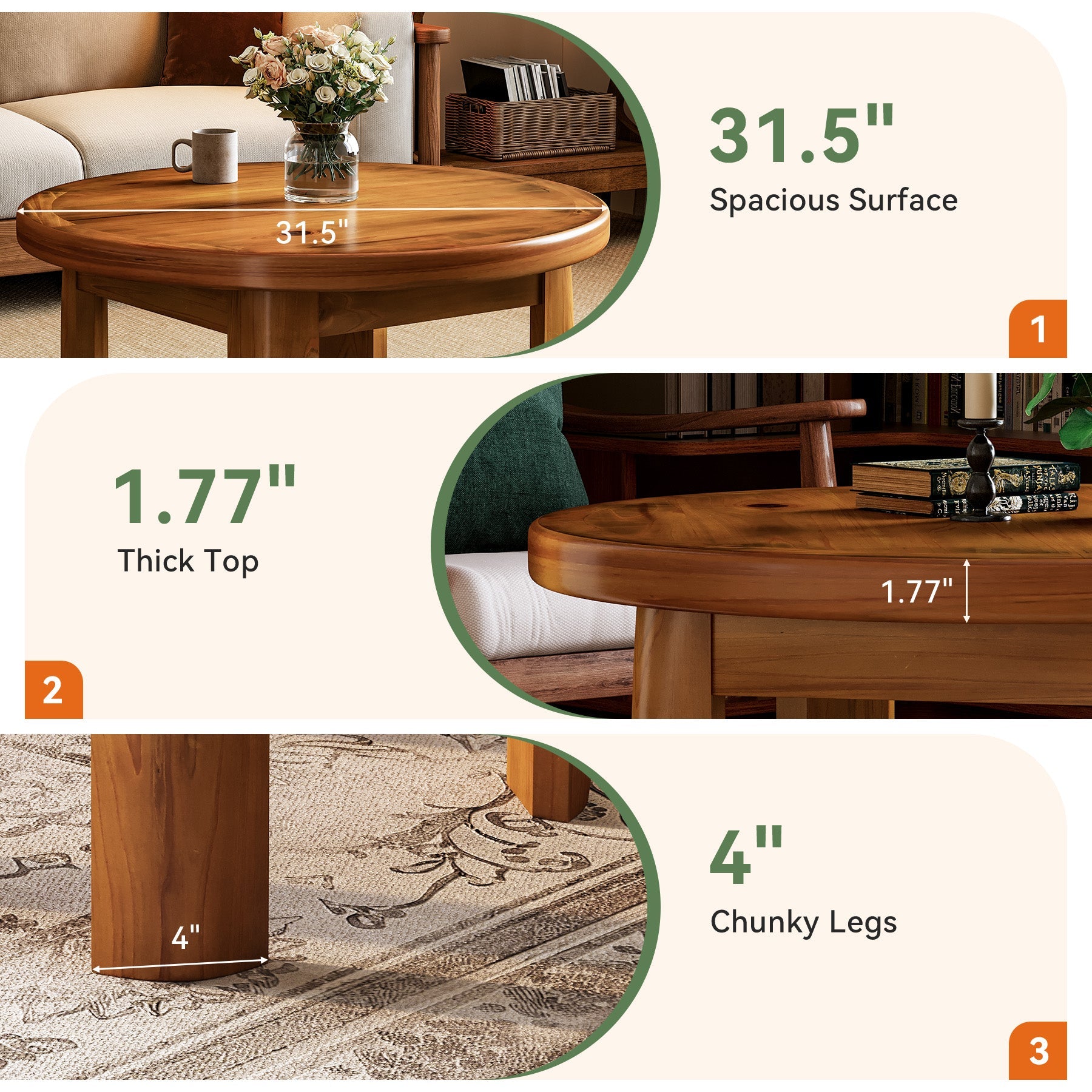 Solid Wood Round Coffee Table, 31.5" Mid Century Modern Center Tea Table