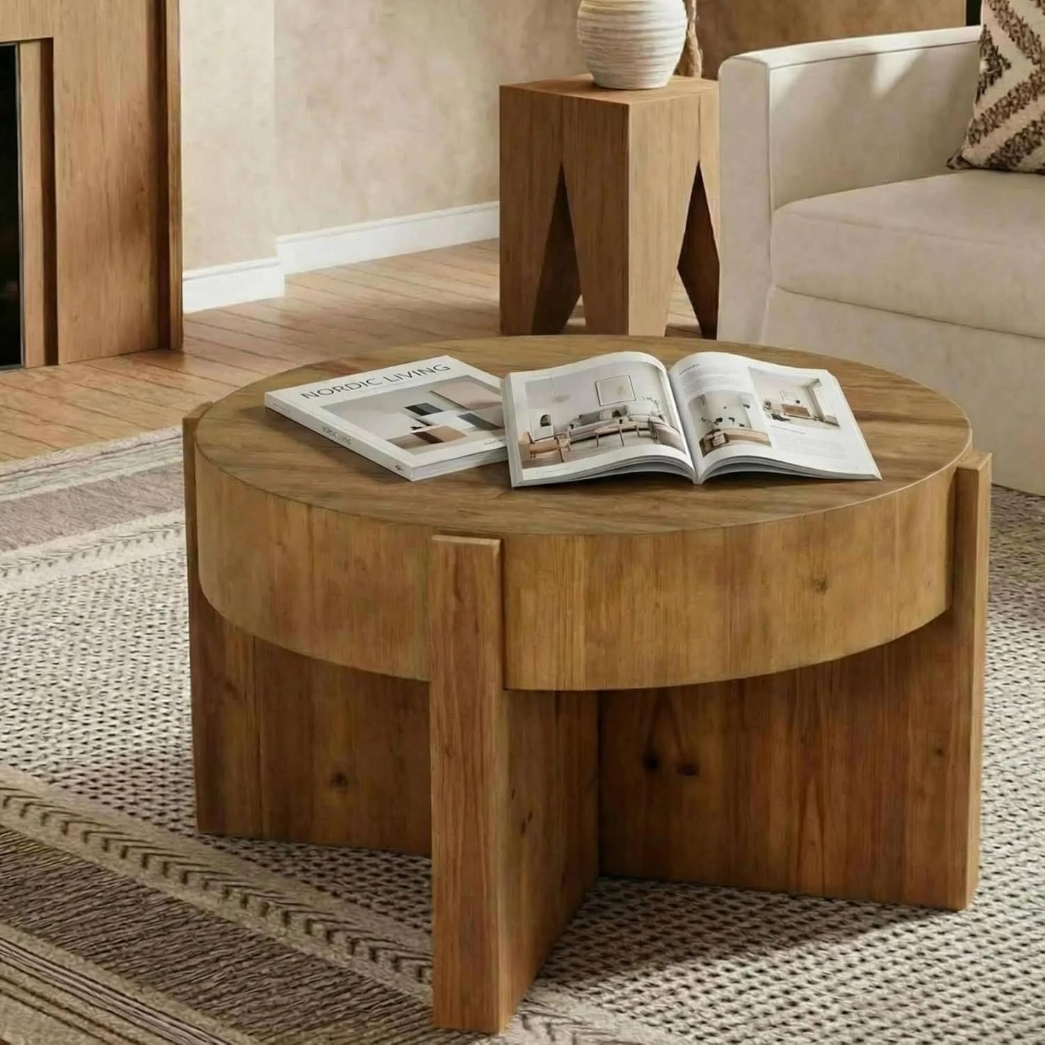 31.5" Round Coffee Table, Solid Wood Center Table with X-Shaped Legs