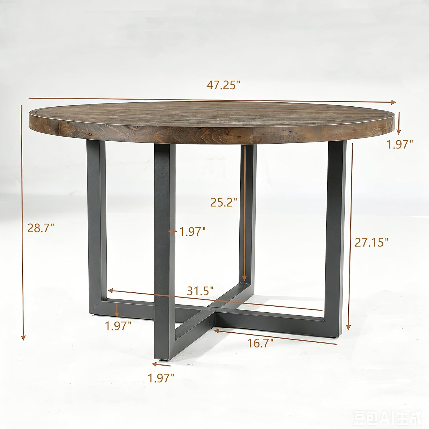 47" Round Dining Table, Solid Wood Kitchen Table with Metal Cross Base for 4-6