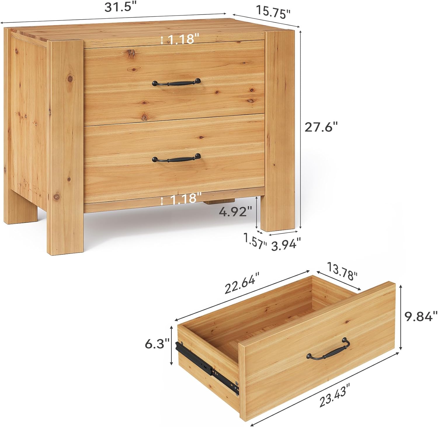 Solid Wood Nightstand, Oversize Bedside Table with 2 Drawers