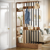 71" Wall Room Divider, Wood Freestanding Wall Partition Bookcase with Coat Hooks 3