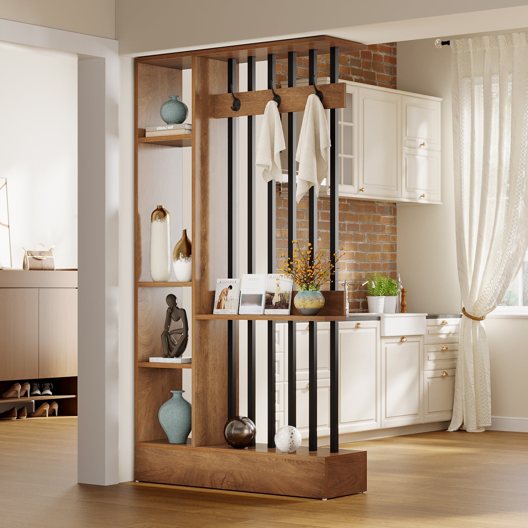 71" Wall Room Divider, Wood Freestanding Wall Partition Bookcase with Coat Hooks