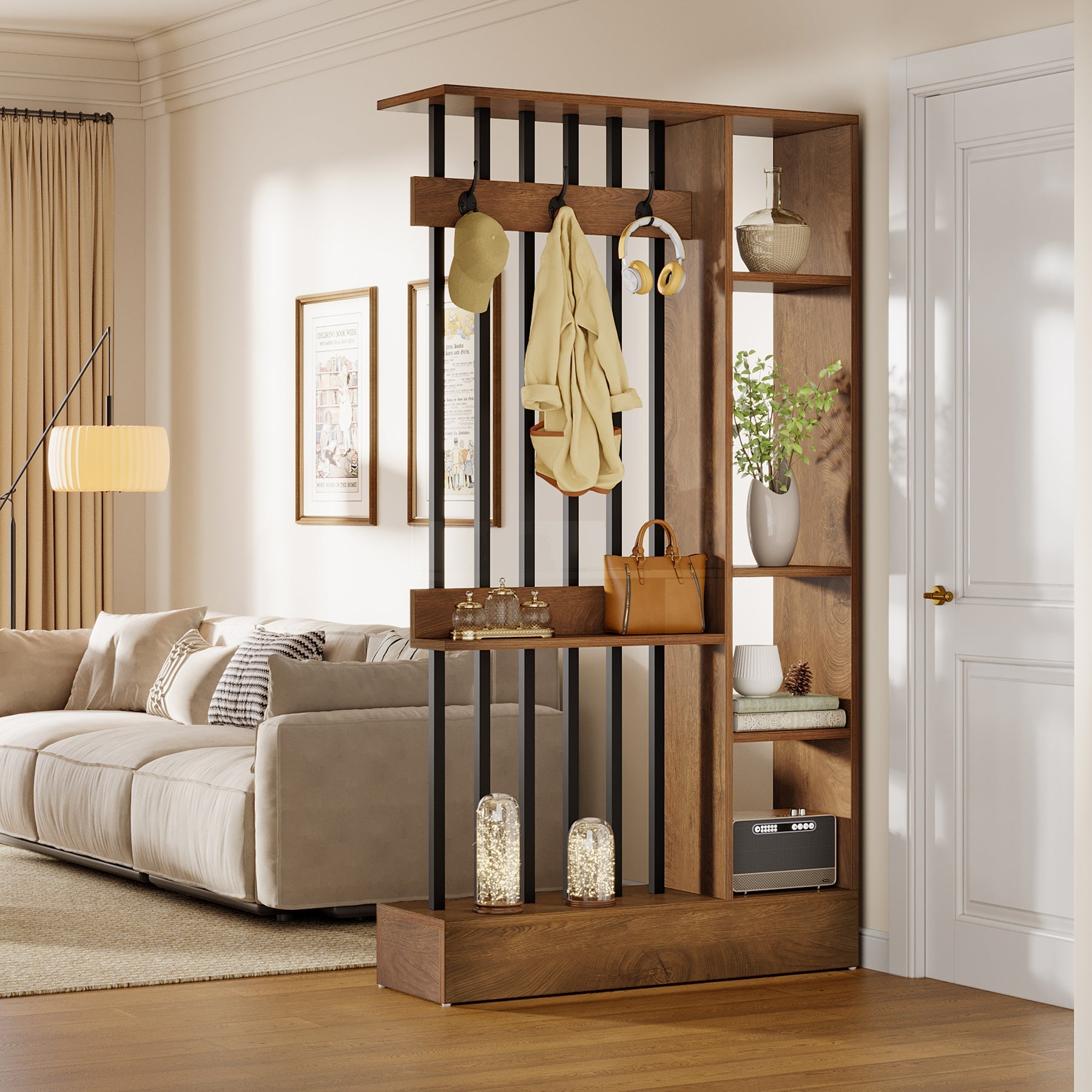 71" Wall Room Divider, Wood Freestanding Wall Partition Bookcase with Coat Hooks