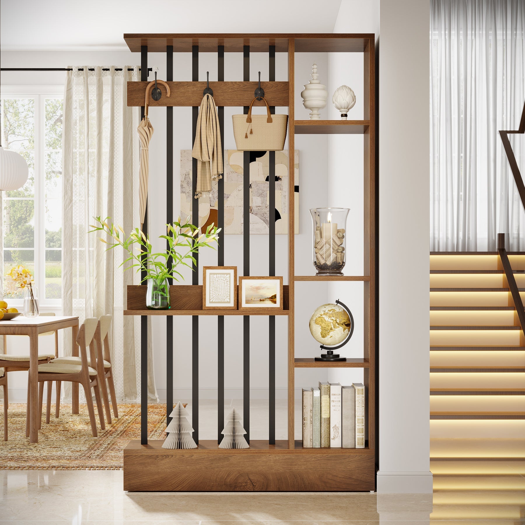 71" Wall Room Divider, Wood Freestanding Wall Partition Bookcase with Coat Hooks