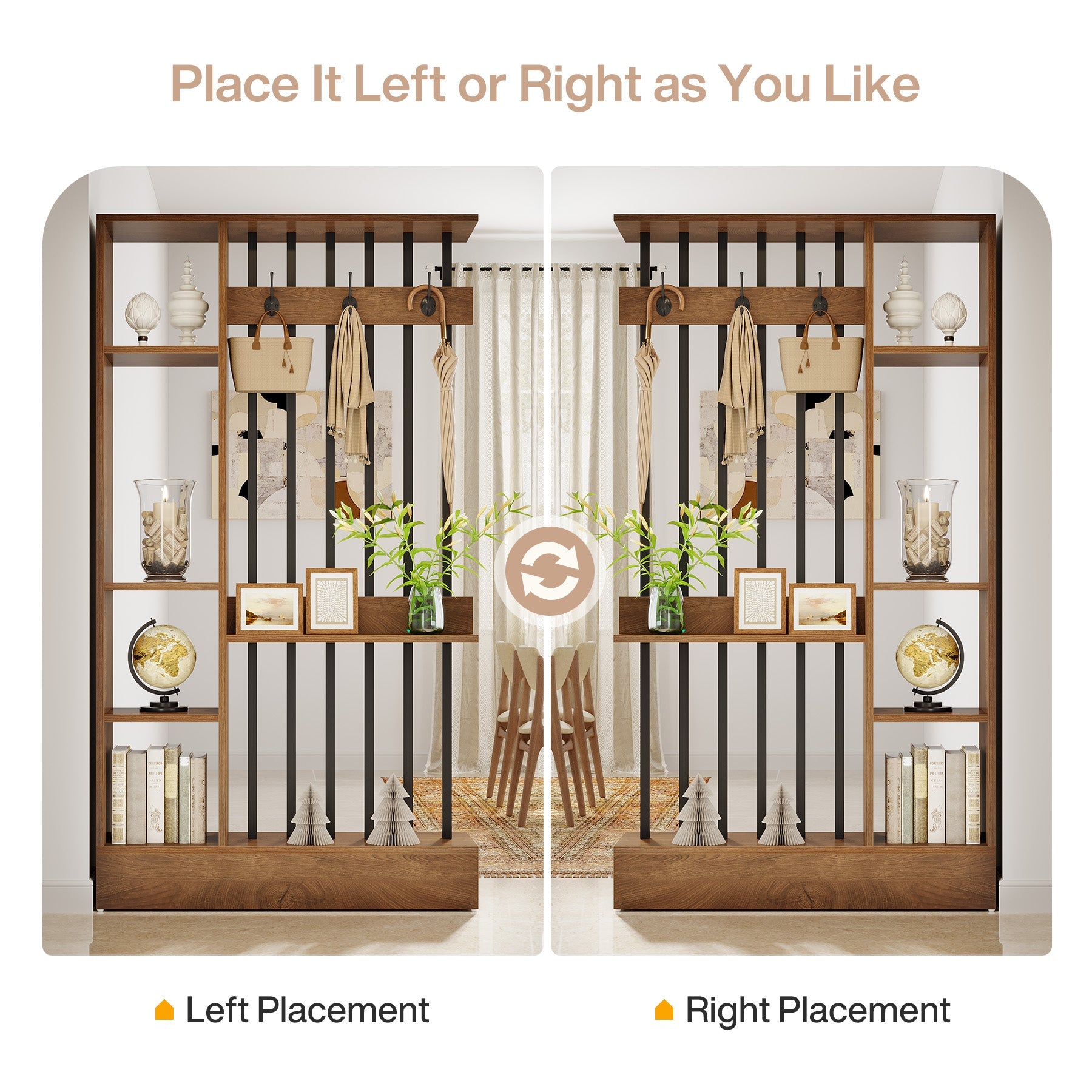 71" Wall Room Divider, Wood Freestanding Wall Partition Bookcase with Coat Hooks