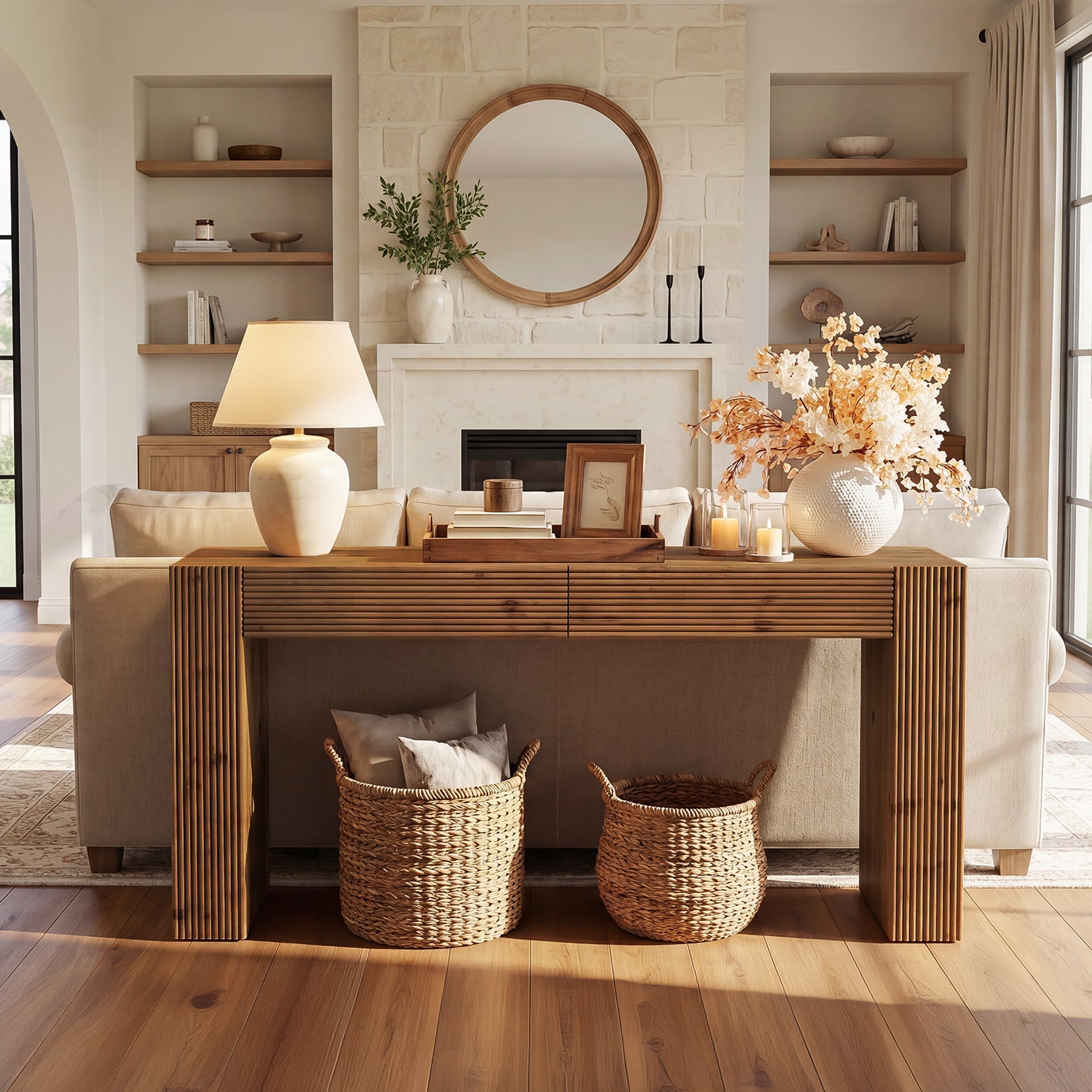 63" Solid Wood Console Table with 2 Drawers, Fluted Entryway Sofa Table for Hallway, Foyer