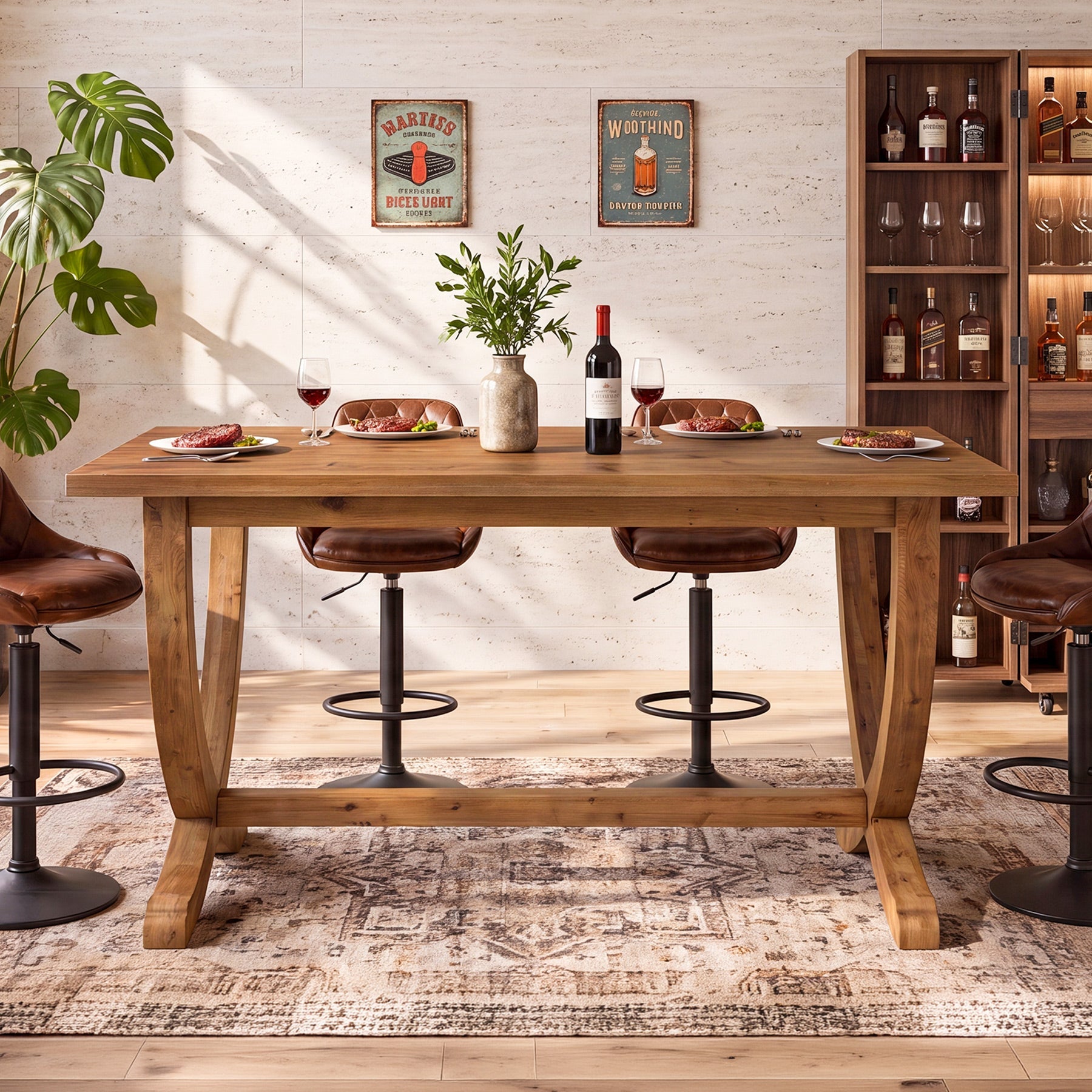 Solid Wood Counter Height Table, 59" Bar Table Farmhouse Dining Table for 4-6
