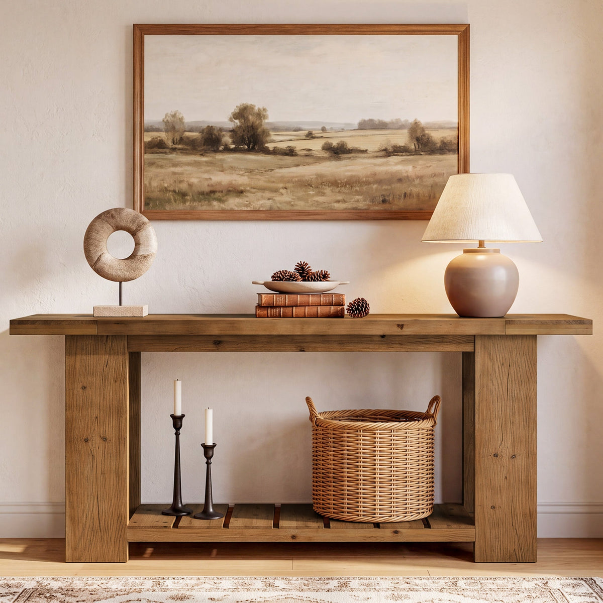 79" Solid Wood Console Table, Farmhouse Sofa Entryway Table with 2-Tier Storage