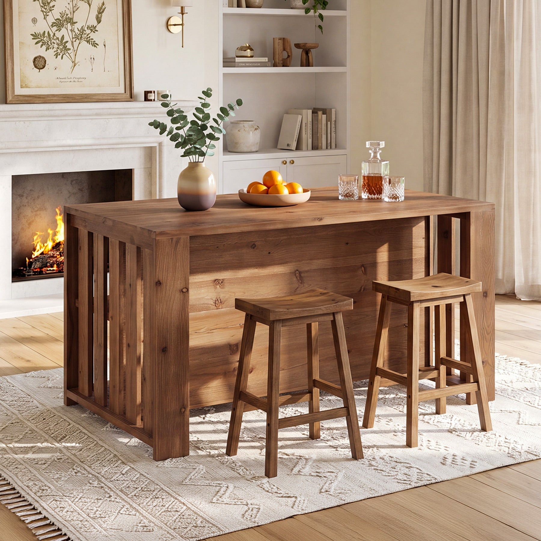 55" Kitchen Island, Solid Wood Stationary Island Table with 2-Tier Storage