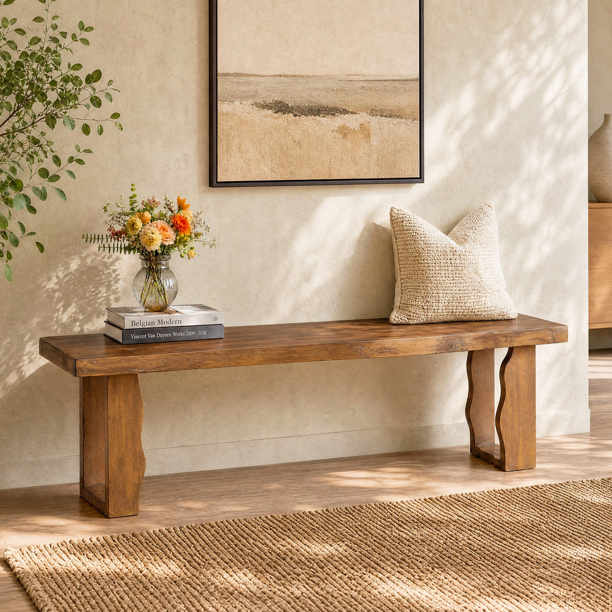 55-Inch Solid Wood Entryway Bench, 350 LB Shoe Bench with Thick Seat for Hallway