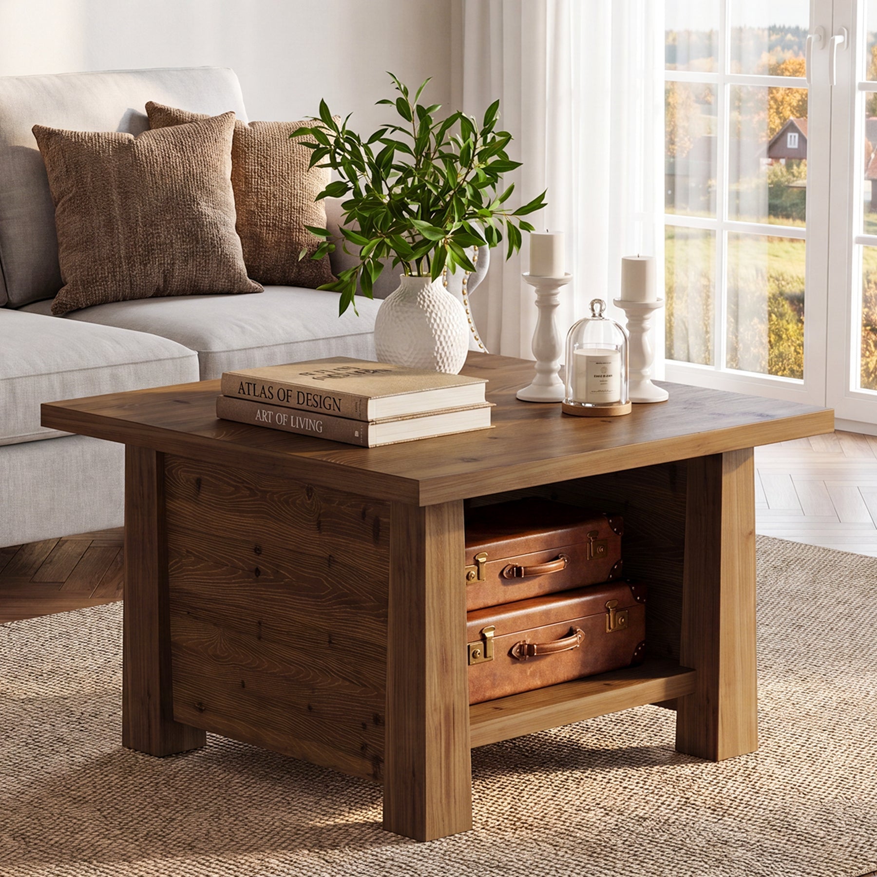 31.5" Solid Wood Coffee Table, Farmhouse 2-Tier Wooden Square Center Table