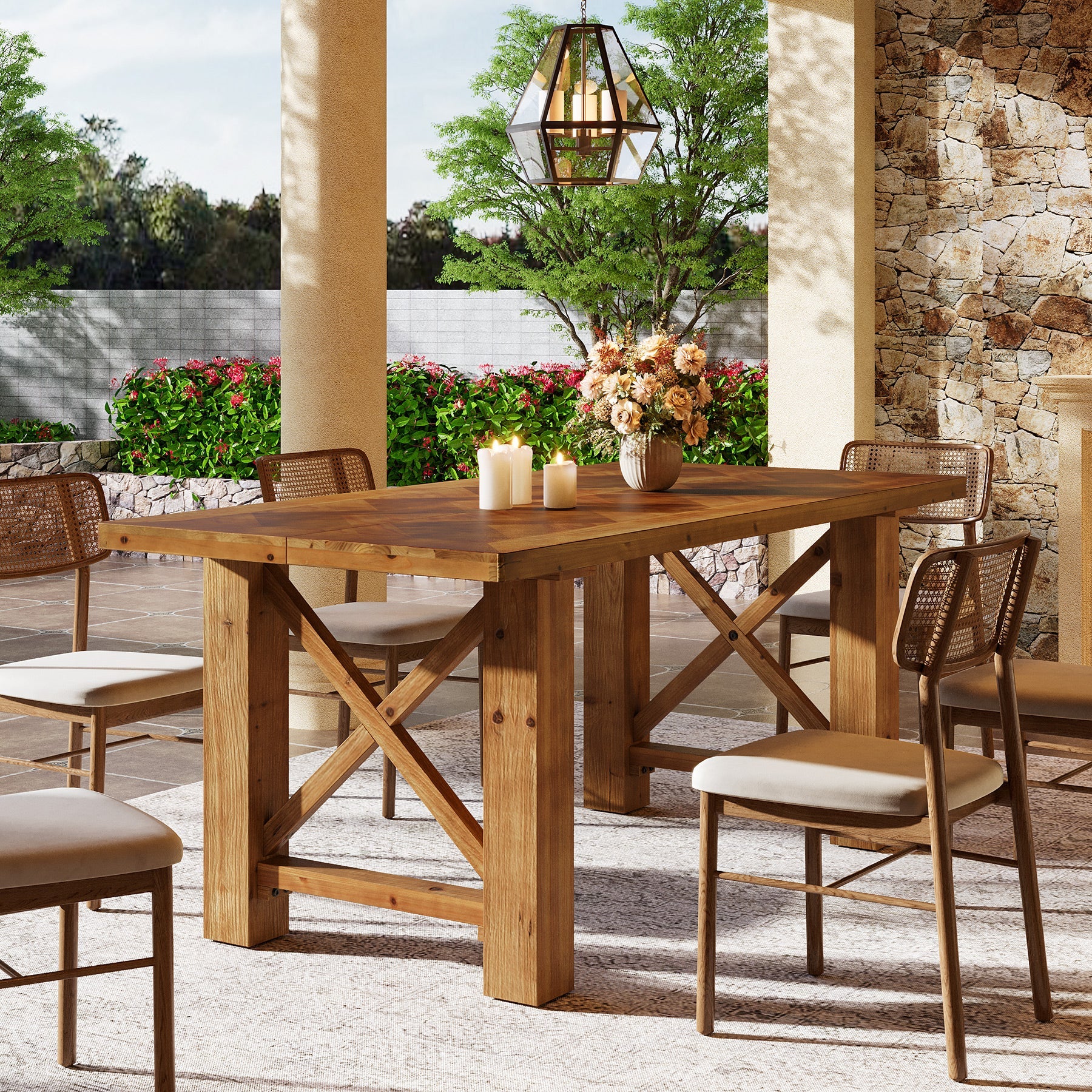 63" Solid Wood Dining Table for 4-6, Rectangle Kitchen Table with X-Shaped Frame