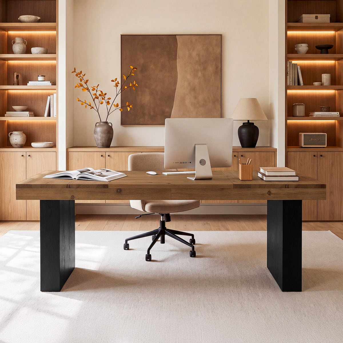 79" Solid Wood Executive Desk, Long Conference Table Computer Desk with Heavy Duty Base