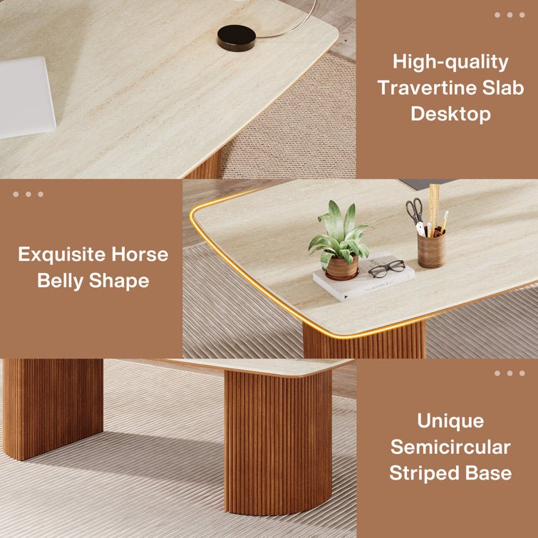 78.7" Executive Desk, Travertine Slab Computer Desk With Semi - Circular Base Tribesigns