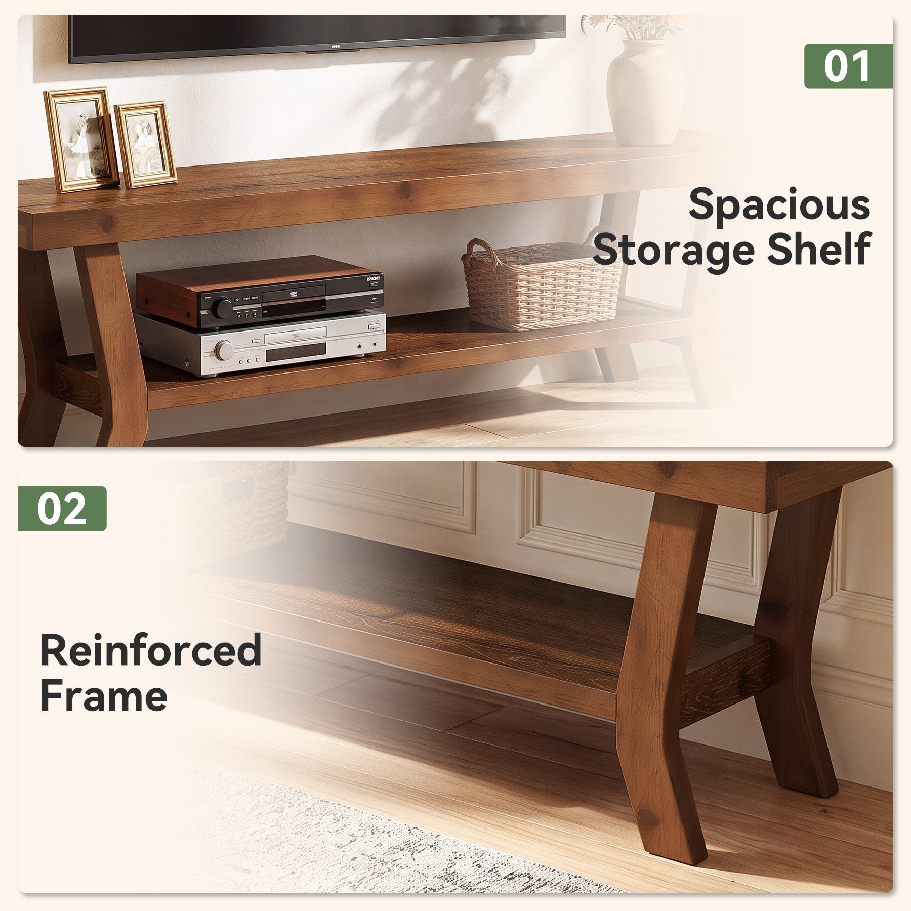 55-Inch Solid Wood TV Stand with Storage Shelf, Low-Profile Console for Living Room