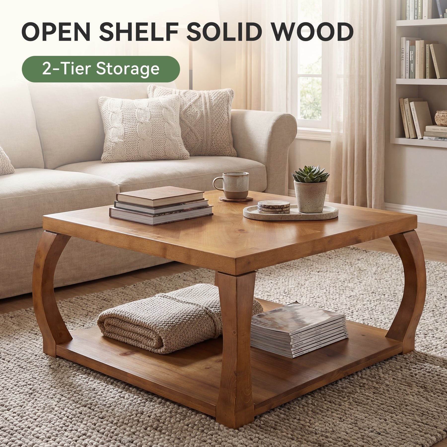 Square Solid Wood Coffee Table, 31.5" Center Table With Storage