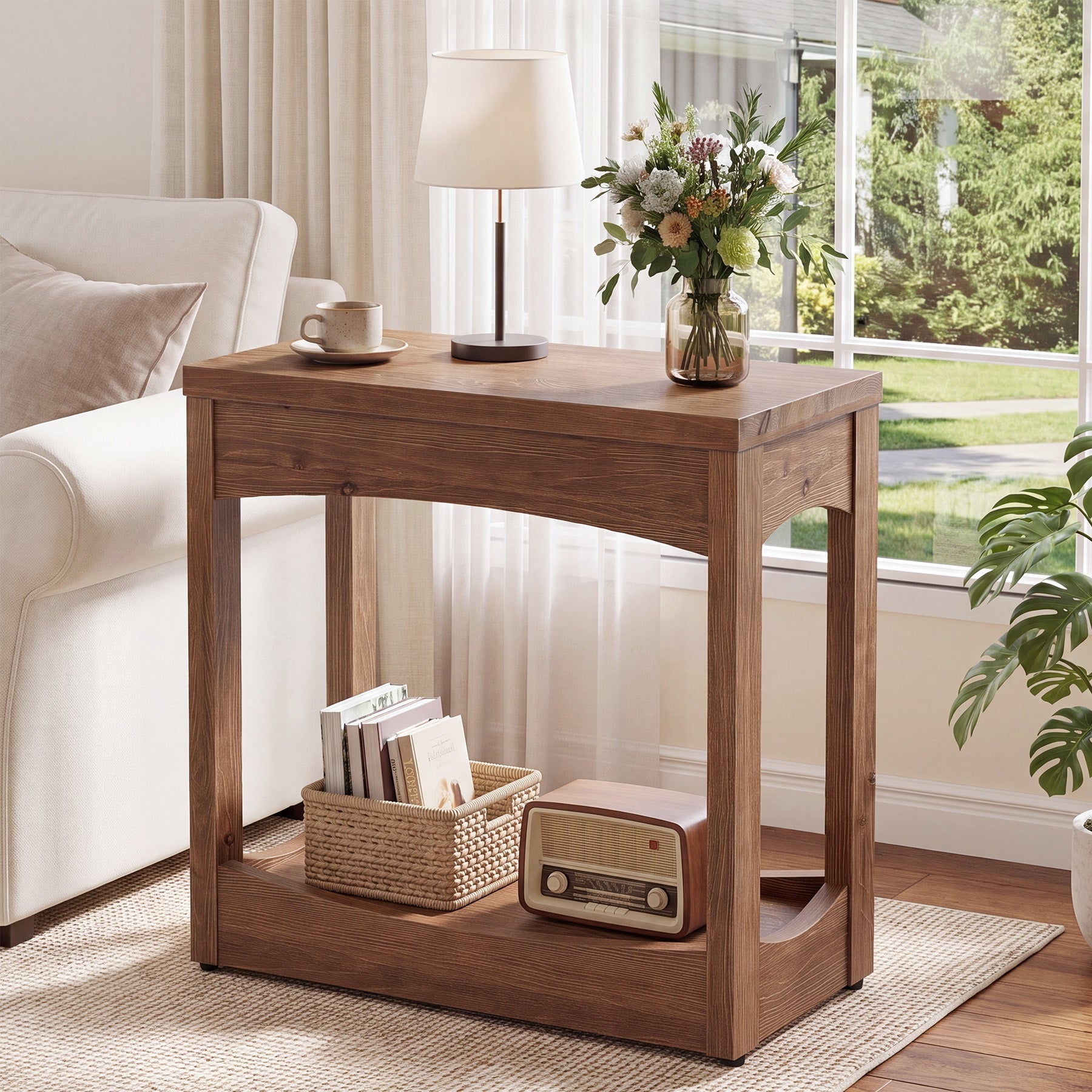 23.62" Solid Wood End Table, Rectangle Side Table with 2-Tier Shelf for Small Spaces