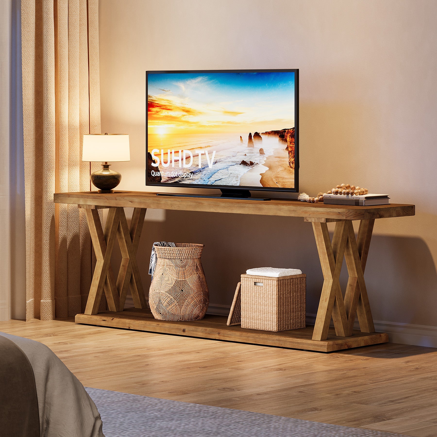 63" Solid Wood TV Stand, Farmhouse Entertainment Center for TVs Up to 75-Inch
