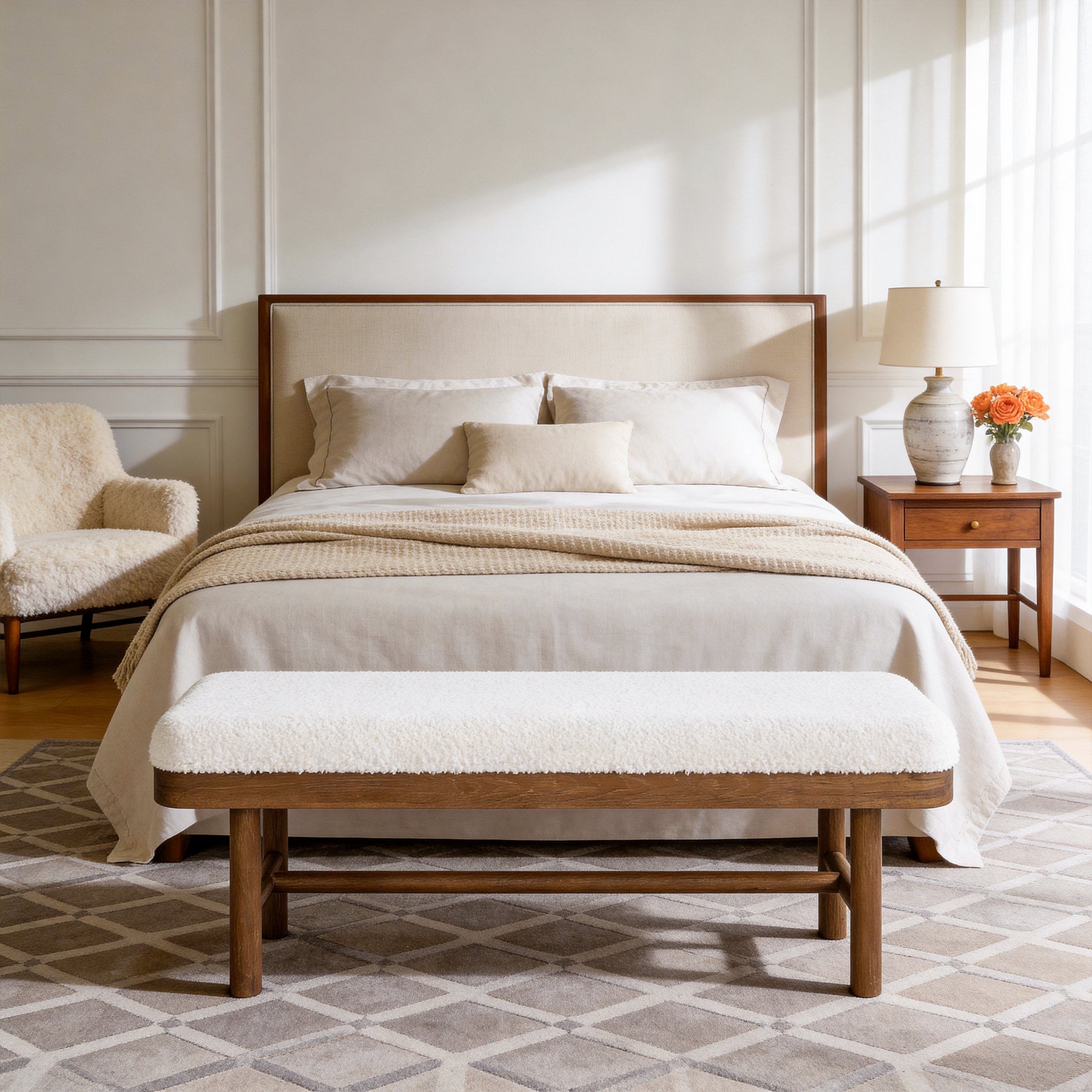 55" Upholstered Bedroom Bench, End of Bed Bench with Solid Wood Frame & Cushion