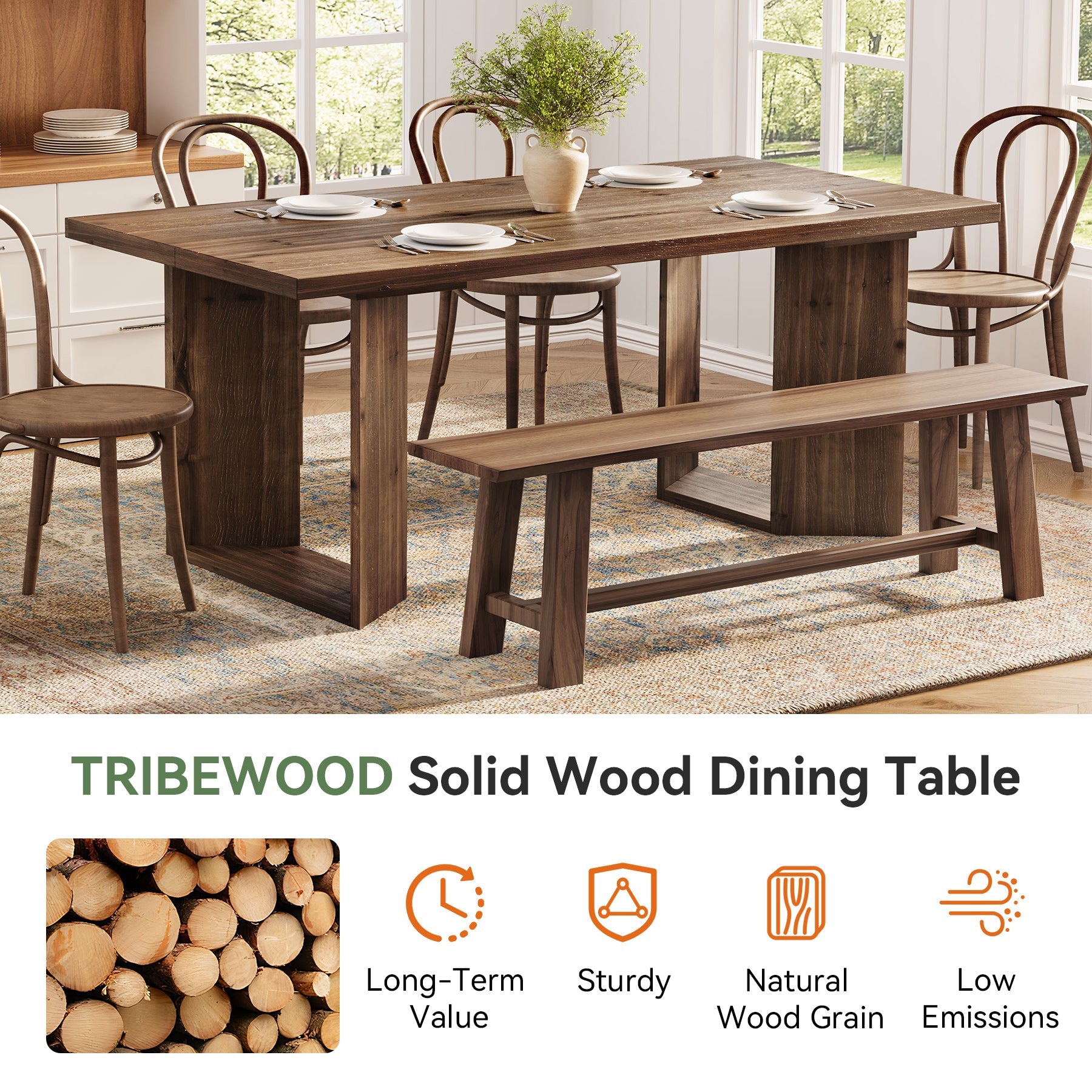 63" Solid Wood Dining Table, Rectangle Kitchen Table with U-Shaped Frames for 4-6