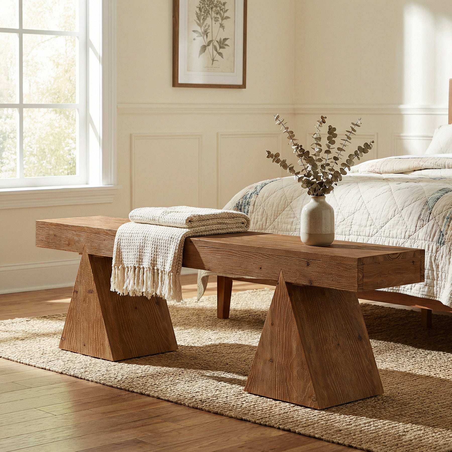 Solid Wood Entryway  Bench, 63" End of Bed Bench with Triangle Base