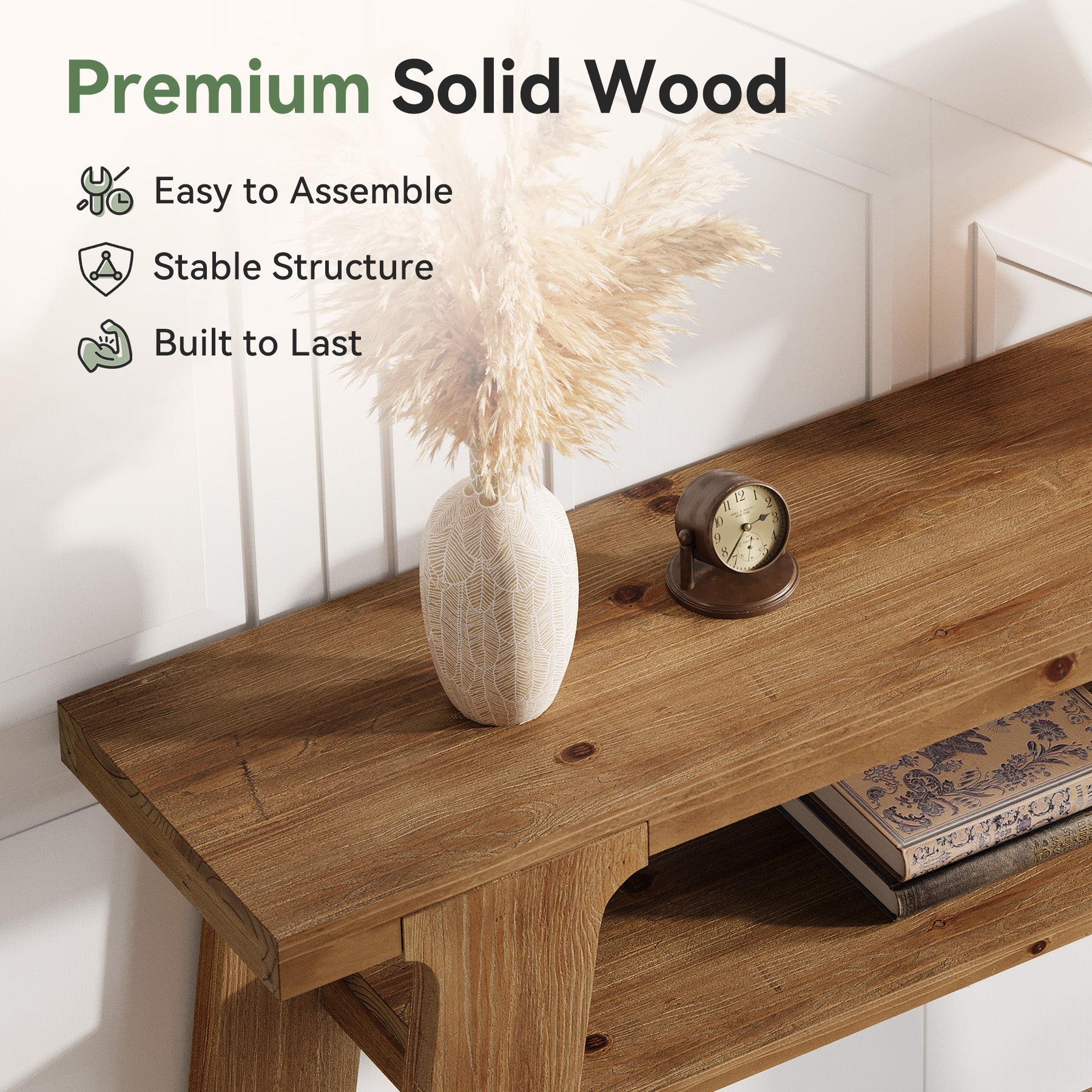 Solid Wood Console Table, 47" Farmhouse Small Sofa Table with 2-Tier Storage