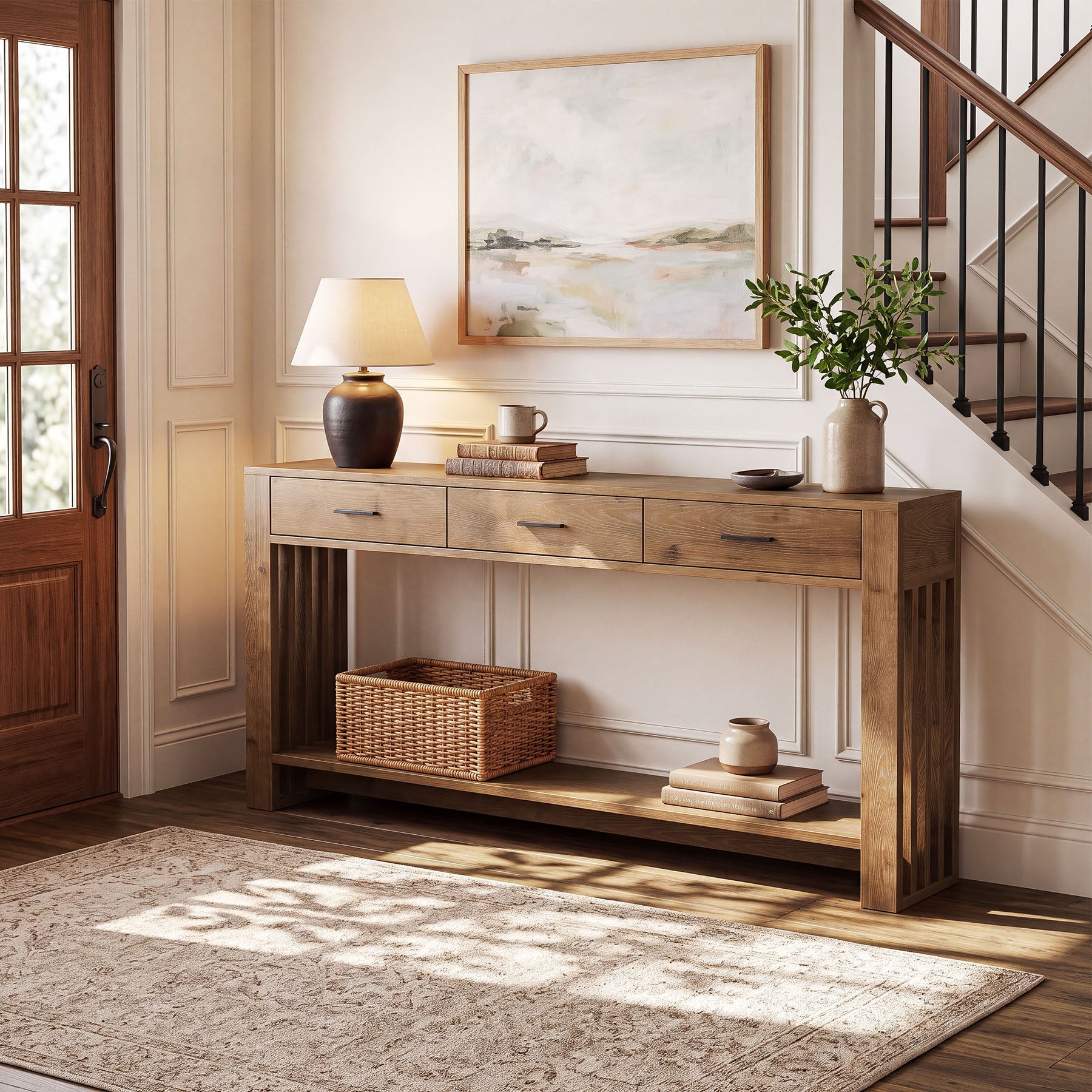 63" Solid Wood Console Table, 3 Drawers 2-Tier Narrow Farmhouse Entryway Table