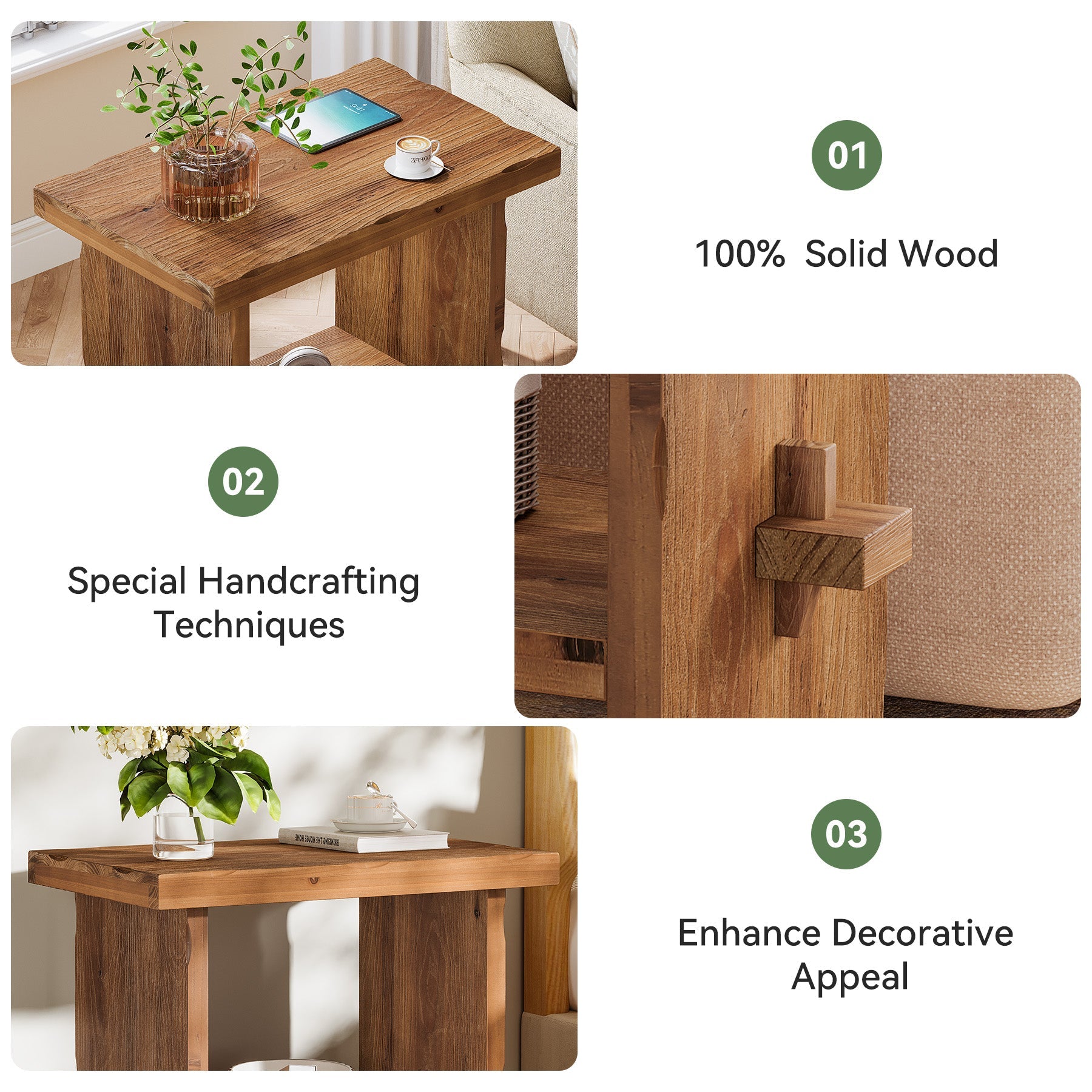 23.62-Inch Solid Wood Nightstand with Storage, Farmhouse Bedside Table with Wooden Base for Bedroom