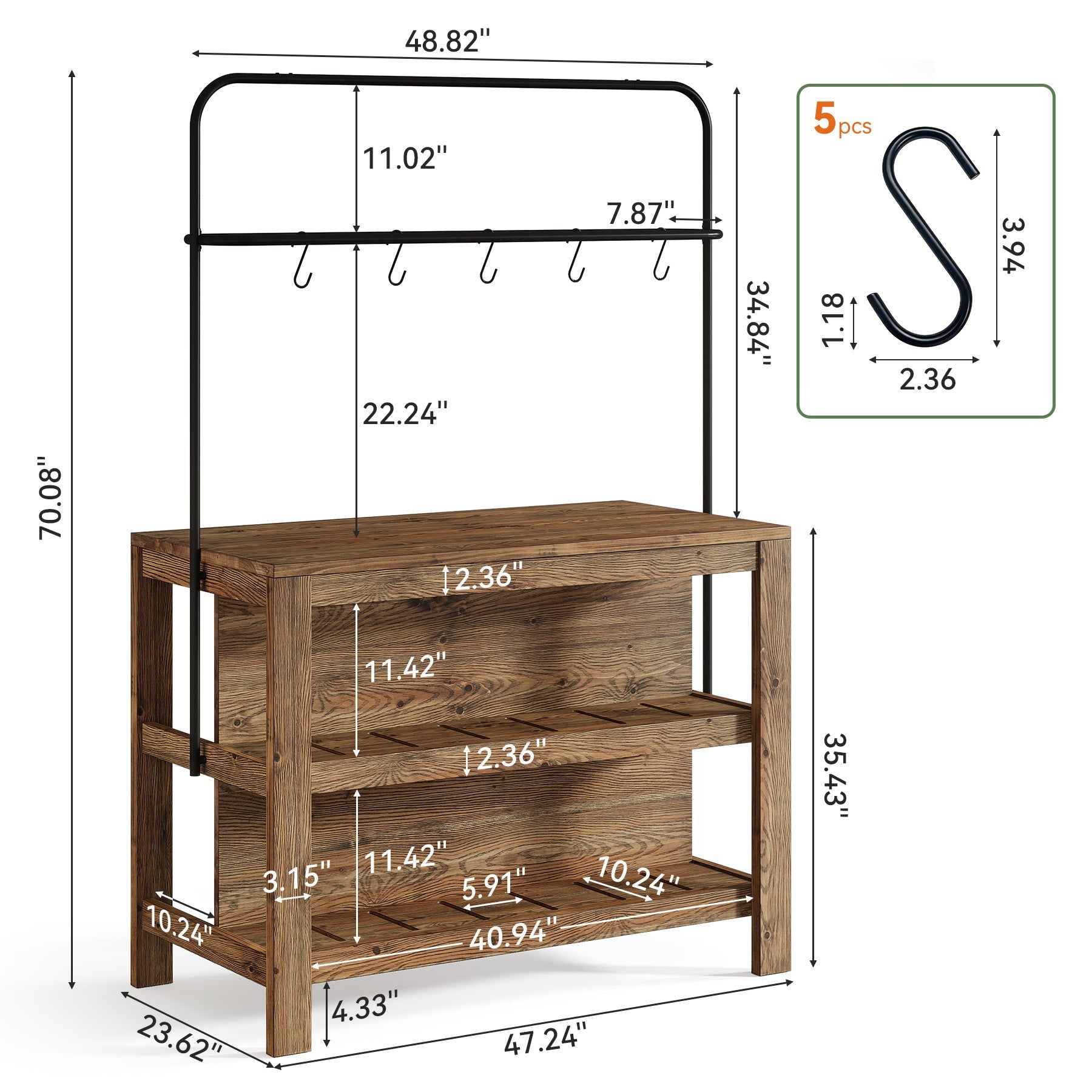47" Solid Wood Kitchen Island Table with Storage and 5 Hooks