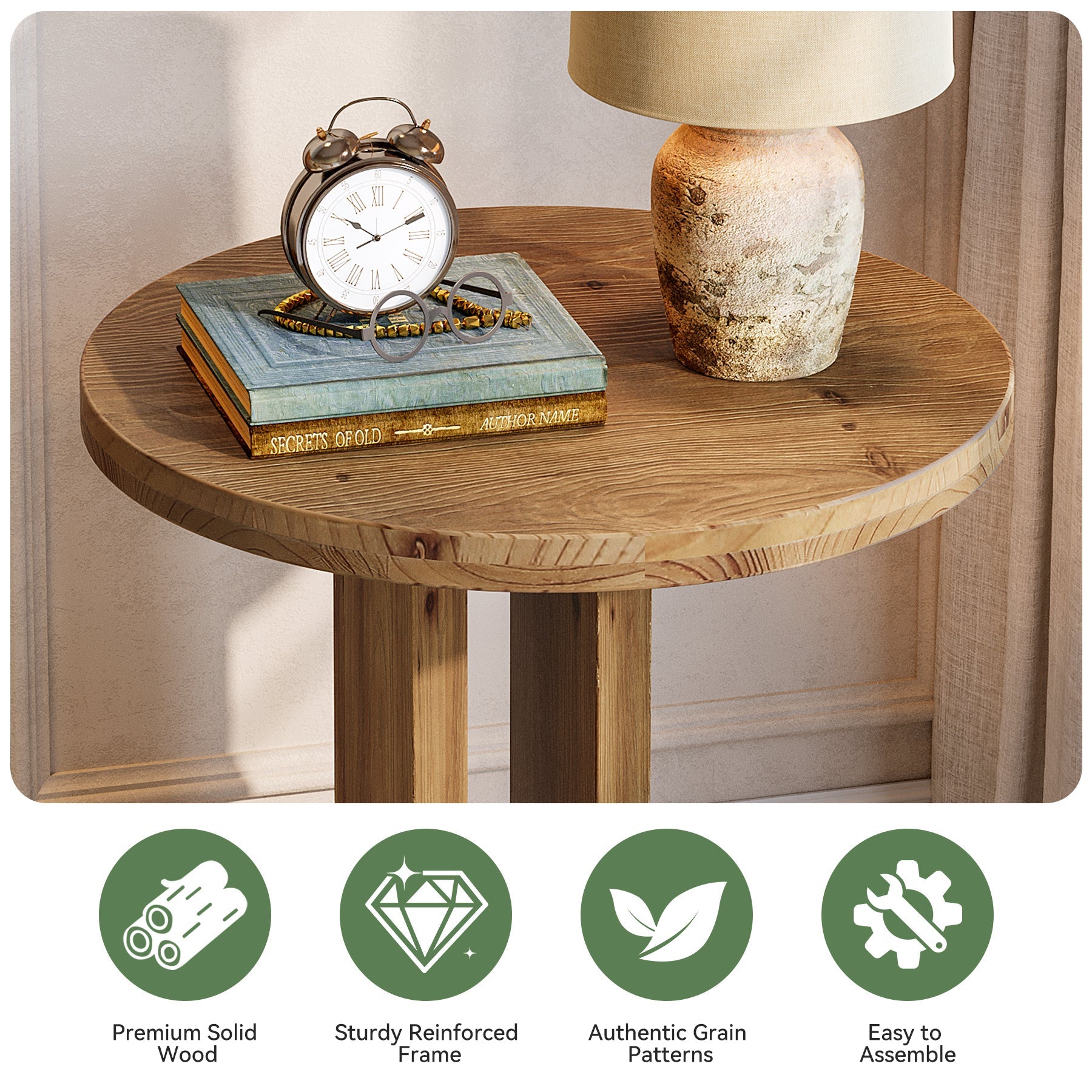 Solid Wood Nightstand, 19.68"C-Shaped Bedside Table with Storage