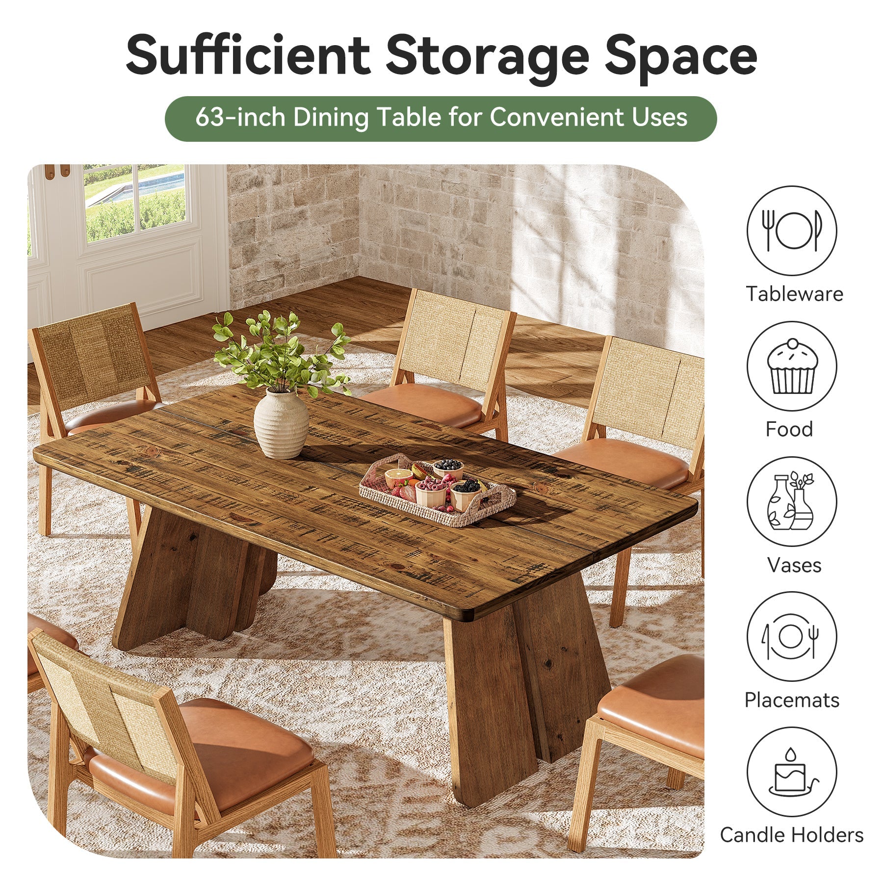 63" Solid Wood Dining Table for 4-6, Farmhouse Kitchen Table with Sturdy Legs