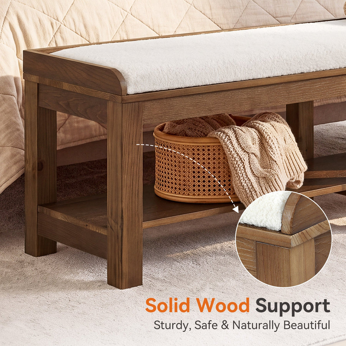 63" Solid Wood Dining Bench, Upholstered Kitchen Bench with Lower shelf