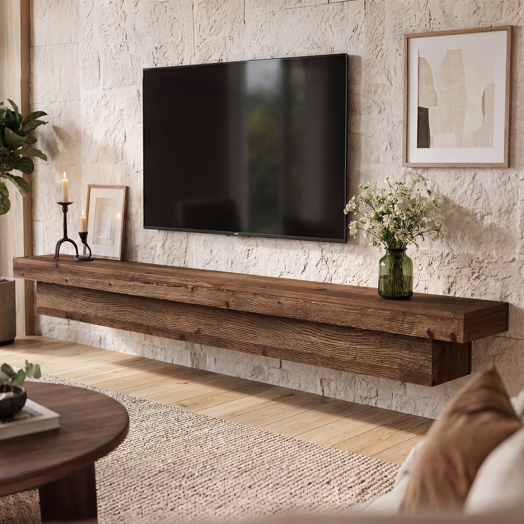 70.9" Solid Wood TV Stand, Floating Wall Mounted TV Shelf for TVs up to 75 Inches