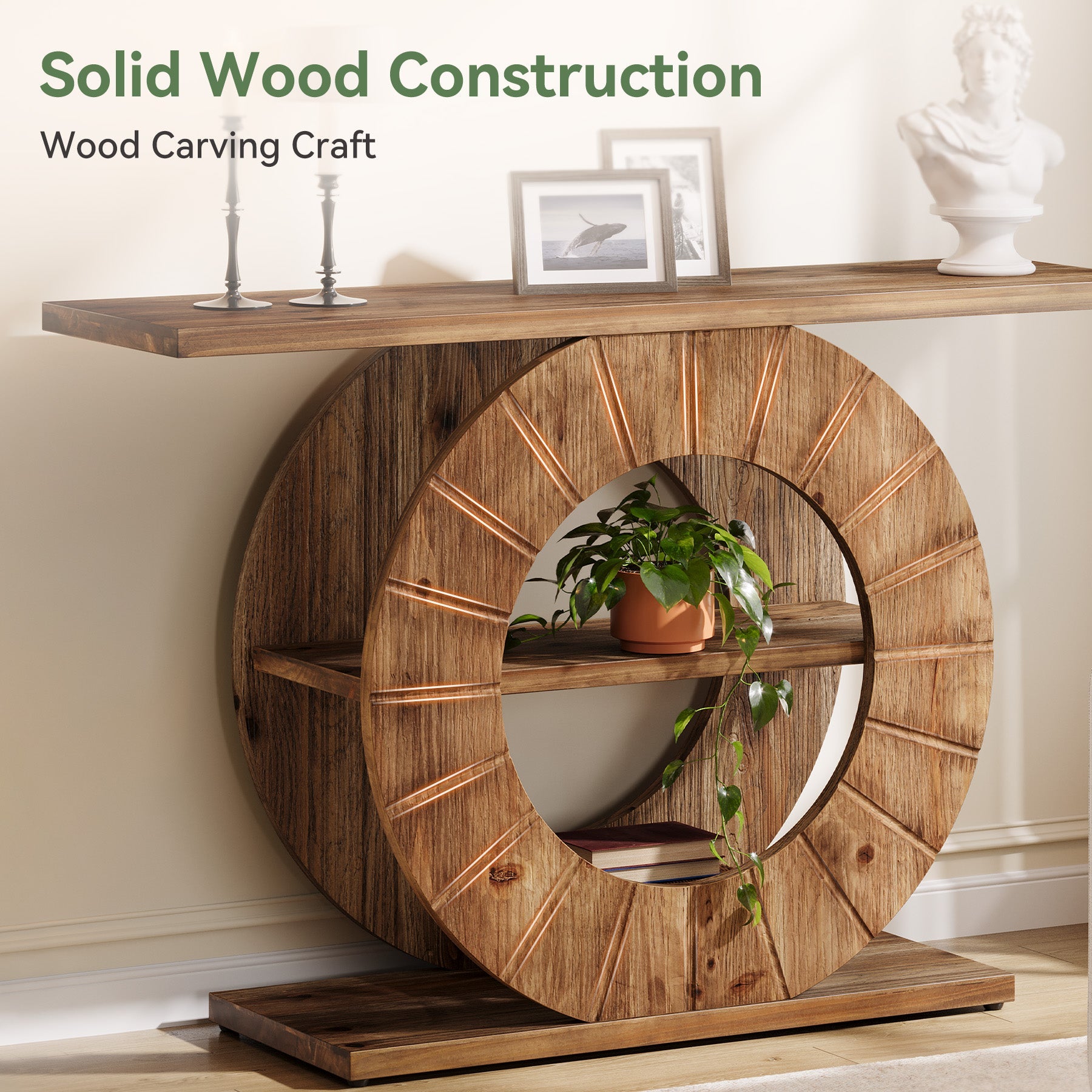 41" Solid Wood Farmhouse Console Table with 3-Tier Shelves, Narrow Sofa Table with Carved Circular Base