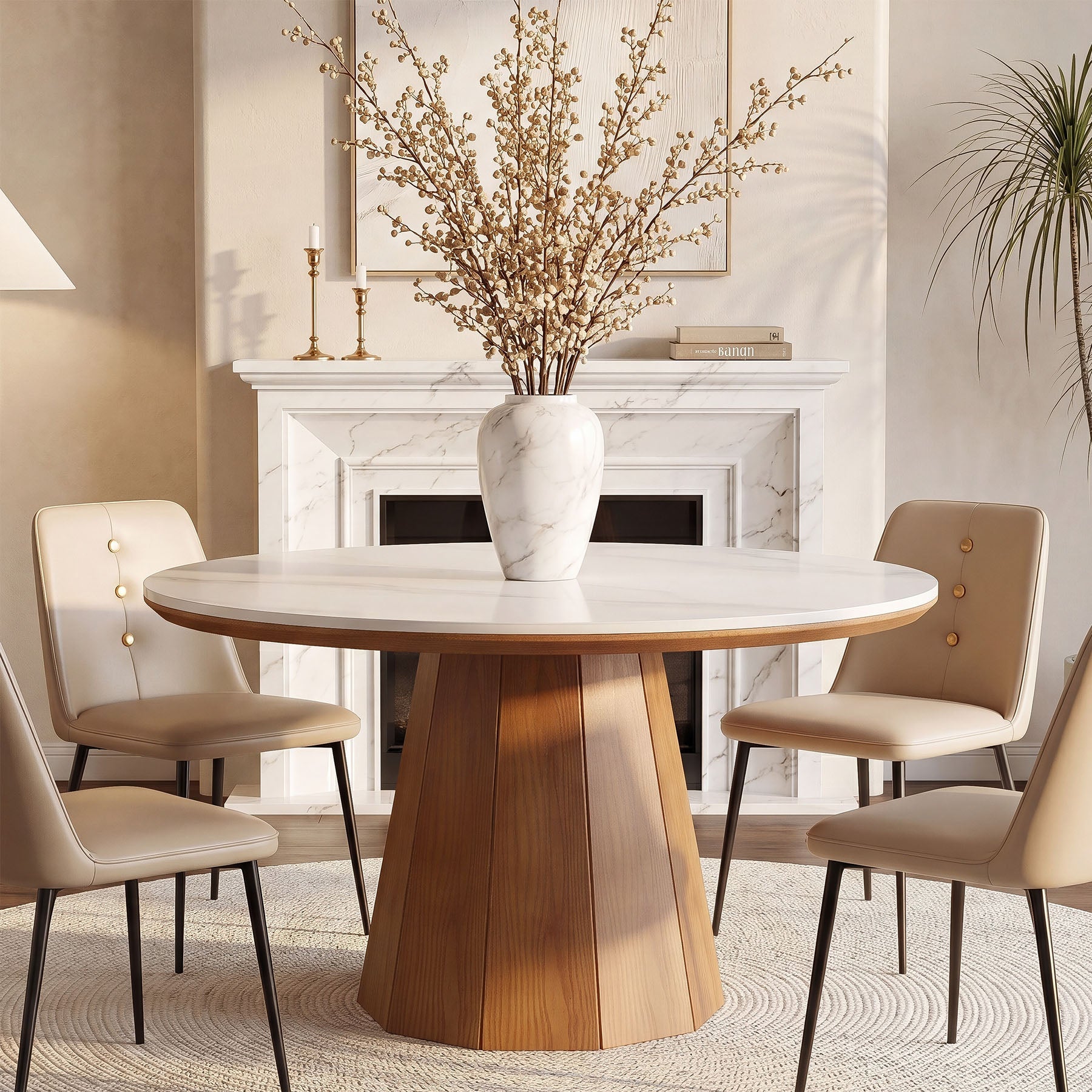47” Round Sintered Stone Dining Table, Solid Wood Kitchen Dinner Table for 4-6
