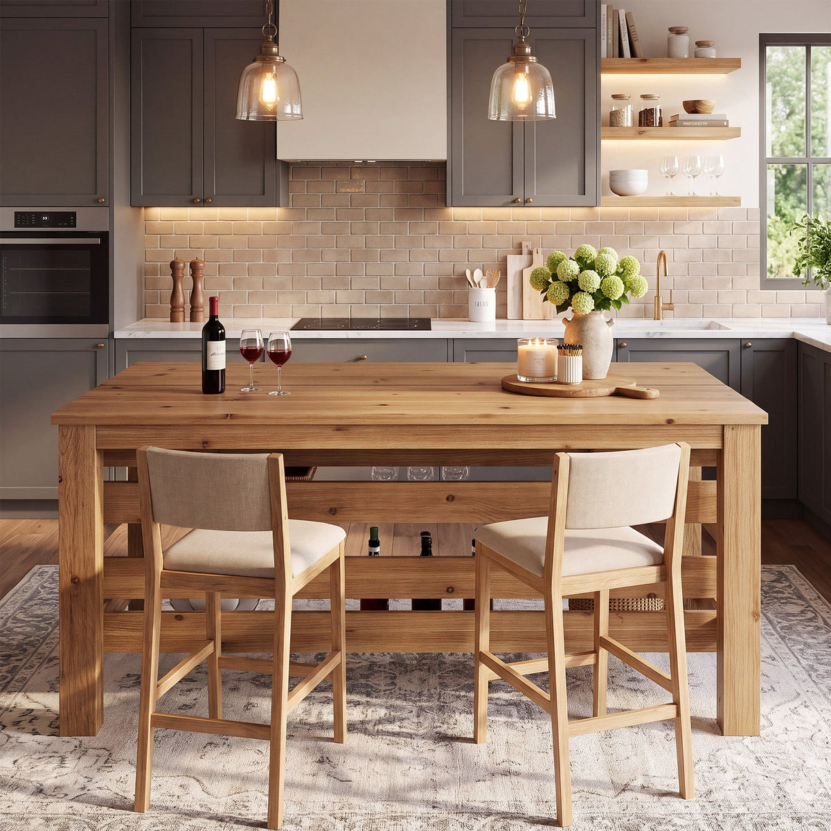 63" Farmhouse Solid Wood Kitchen Island with 3-Tier Open Storage Shelves, Prep Table