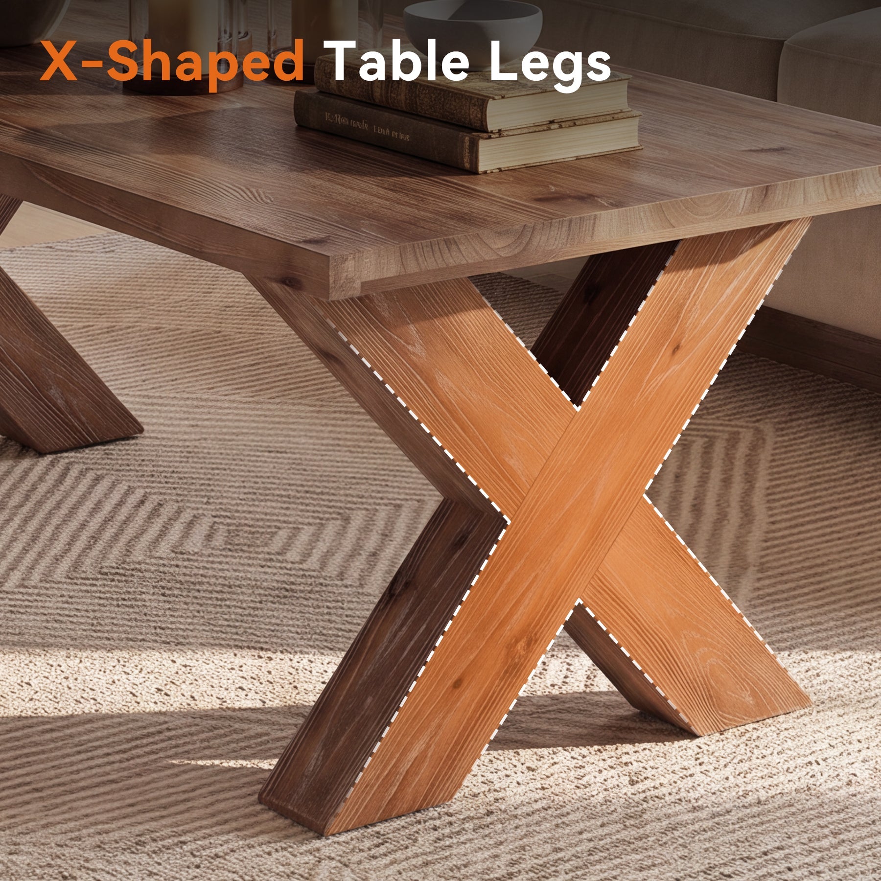 47" Solid Wood Coffee Table, Rectangular Cocktail Tea Table with X-shaped Legs for Living Room