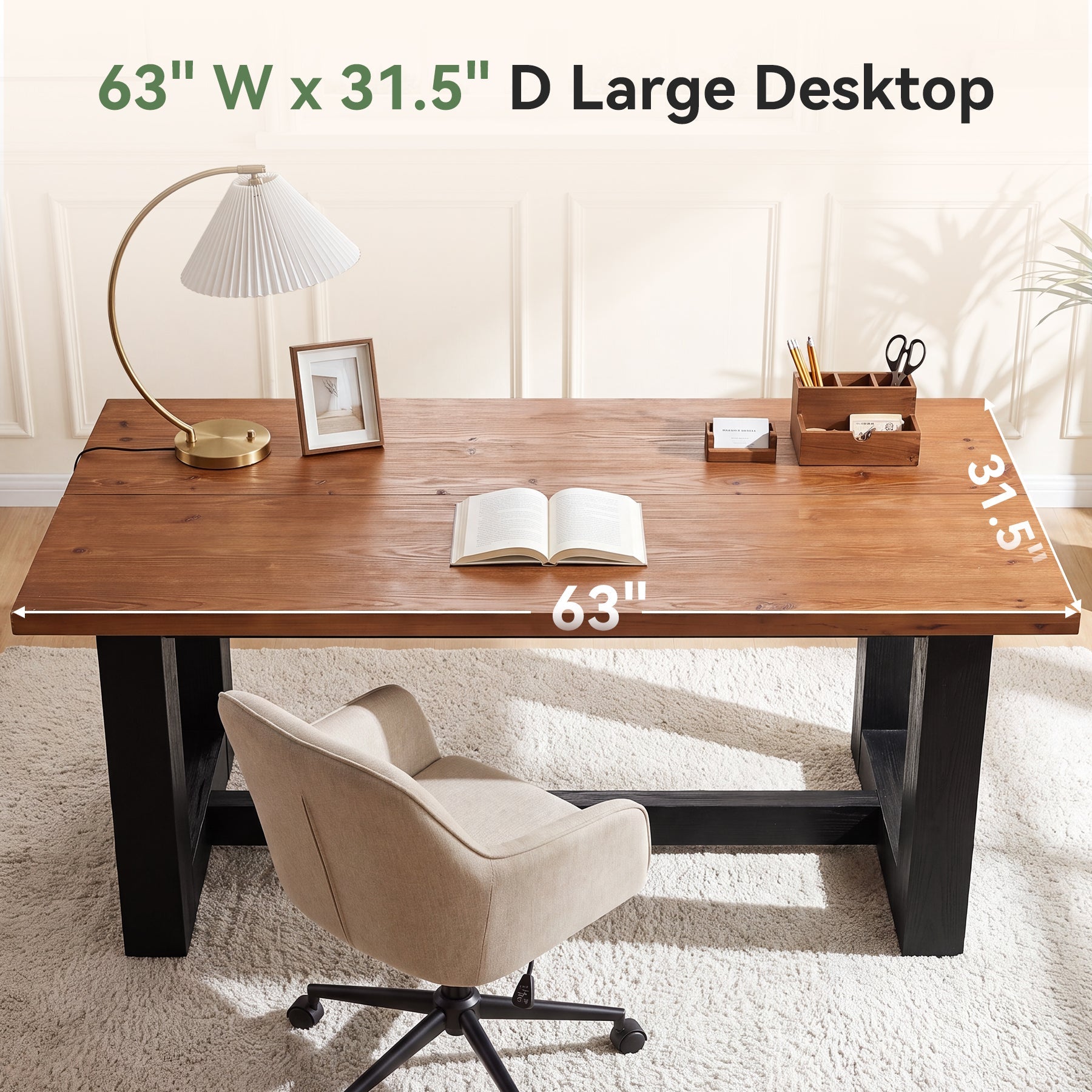 63" Solid Wood Executive Desk, Large Computer Desk Office Conference Desk