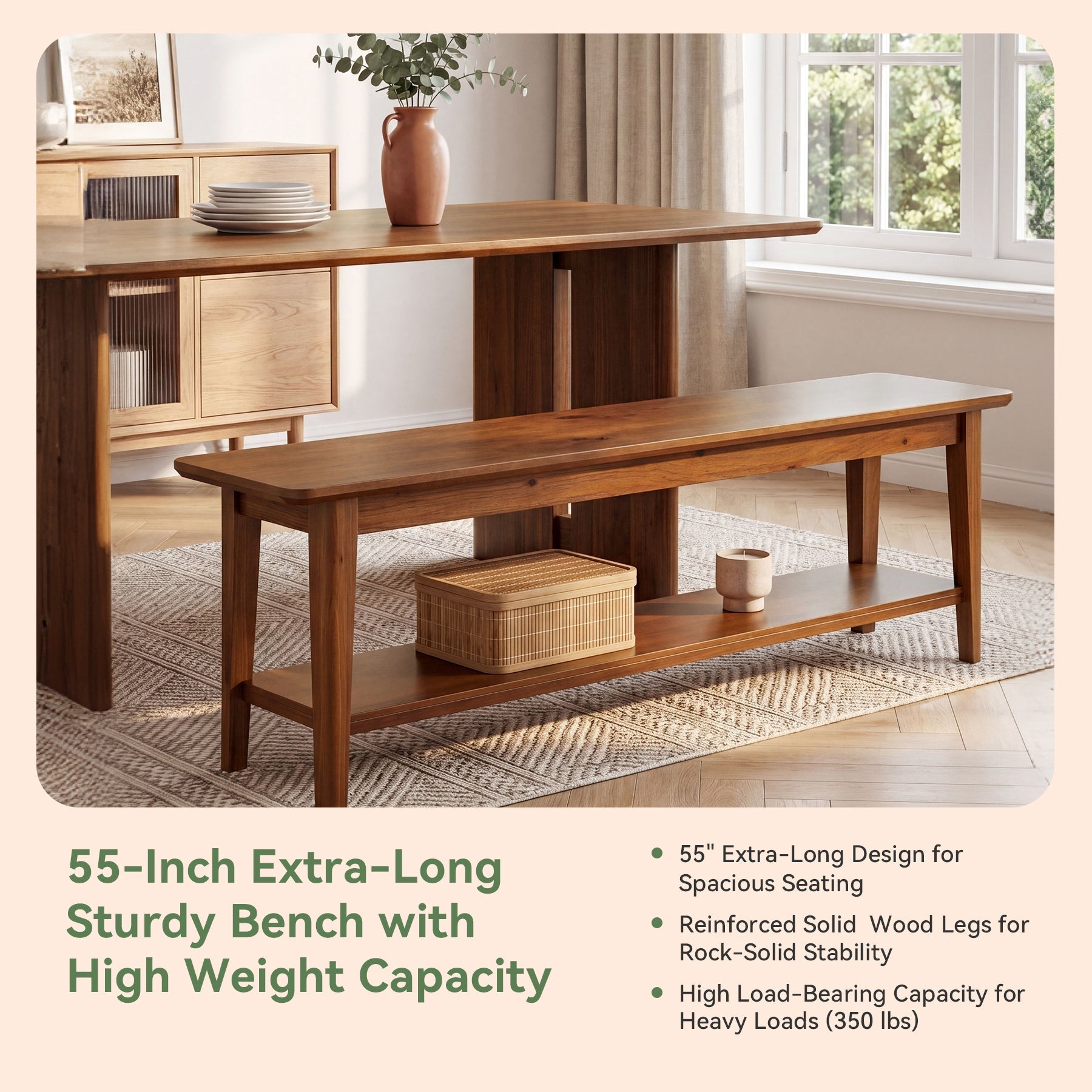 55" Solid Wood Dining Bench, Farmhouse Kitchen Bench with Lower Shelf