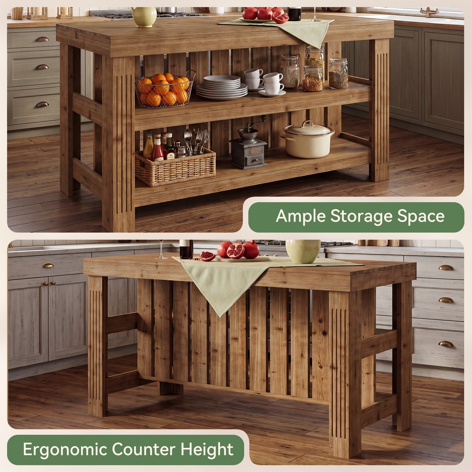 63" Solid Wood Kitchen Island, 3-Tier Farmhouse Stationary Island Table