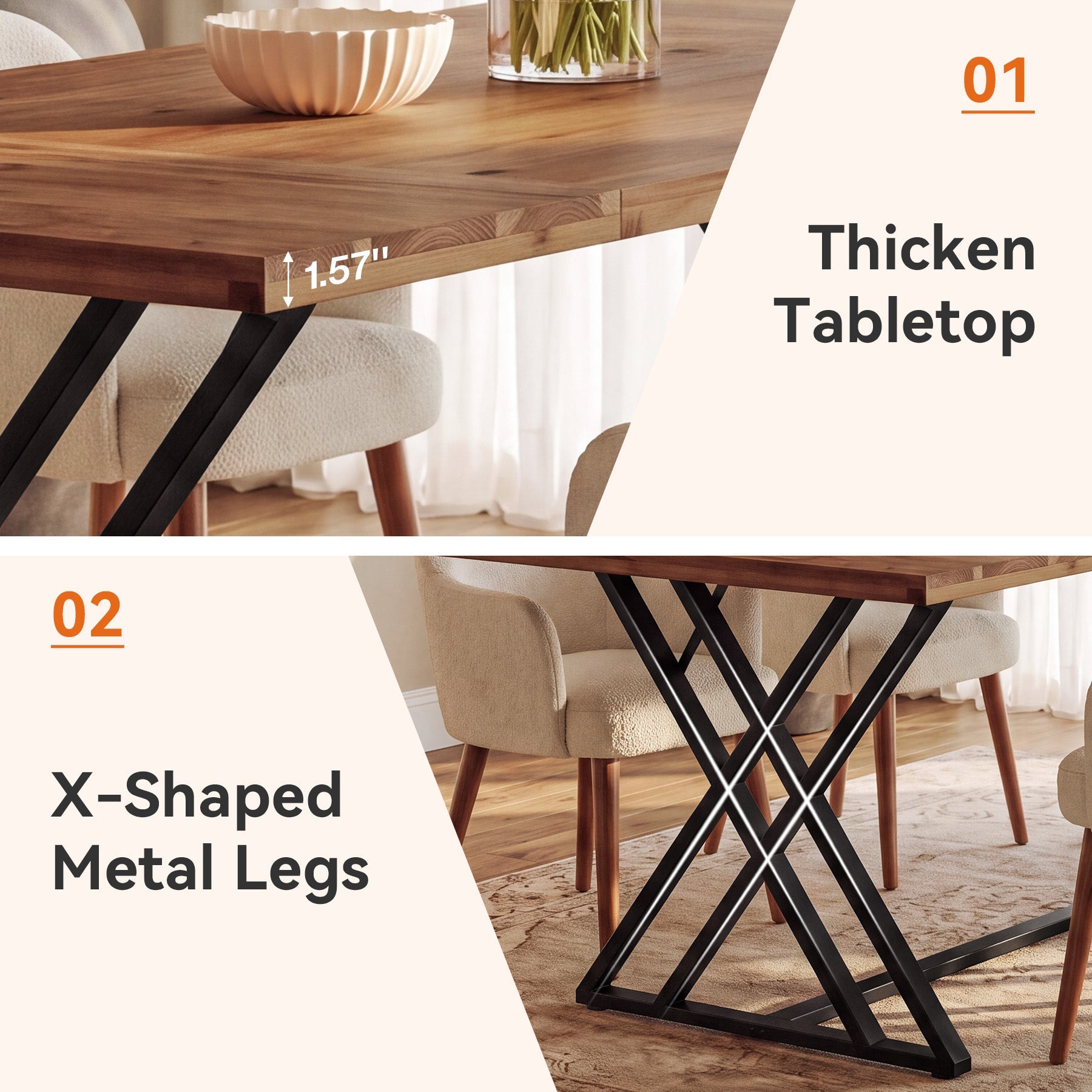 63" Solid Wood Dining Table, Rectangular Kitchen Table with X Shaped Metal Legs for 4-6