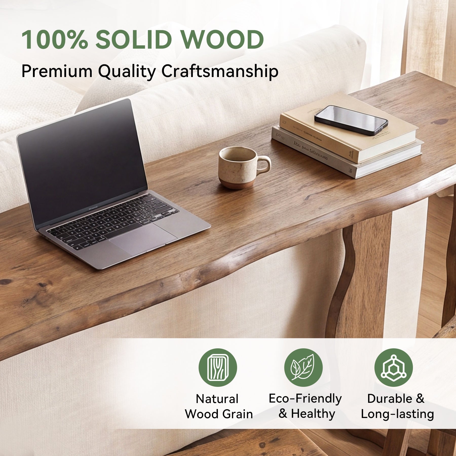 70.9" Solid Wood Console Table, Live Edge Entryway Sofa Table with Wavy Legs