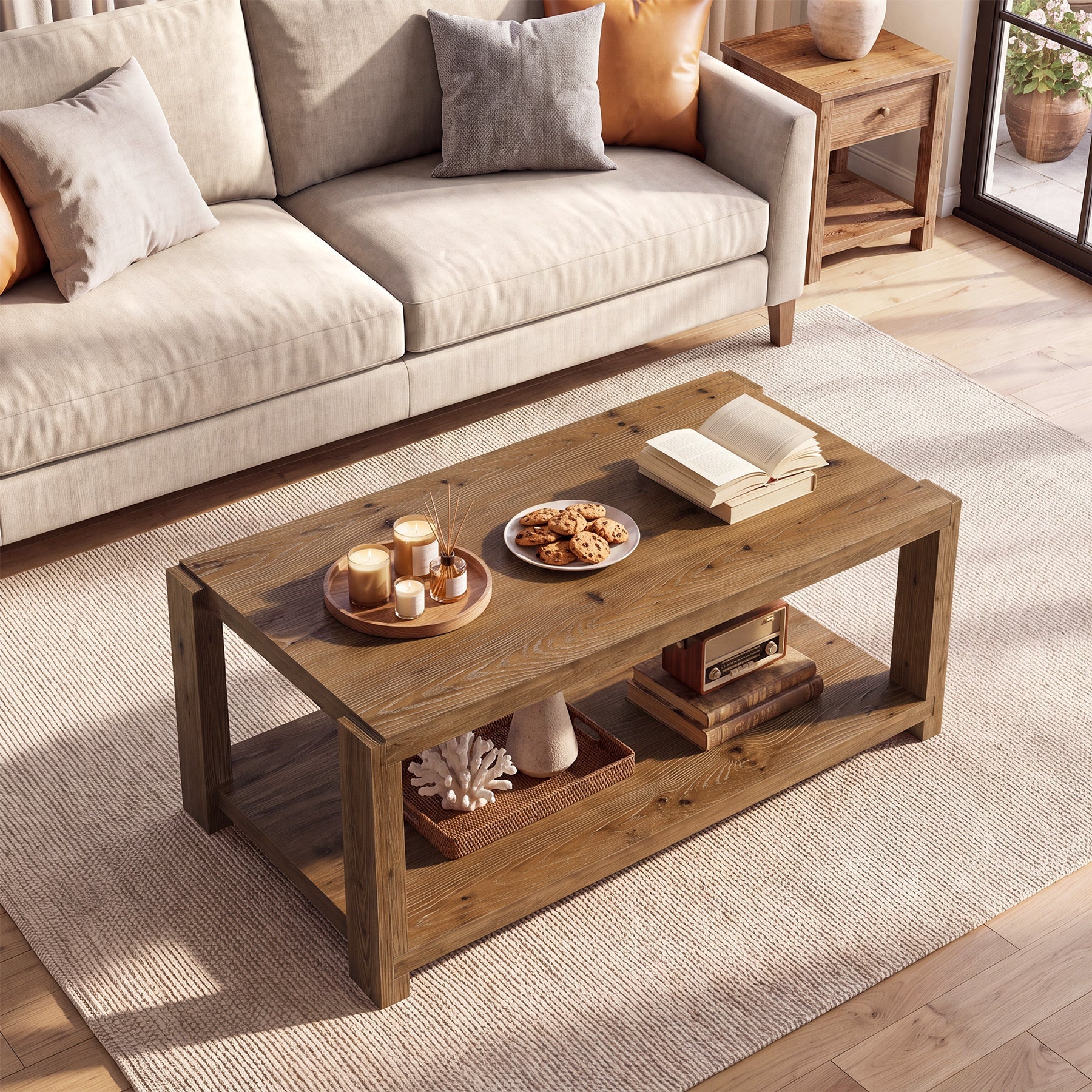 47" Farmhouse Solid Wood Coffee Table, Rectangular Cocktail Table with 2-Tier Open Shelf
