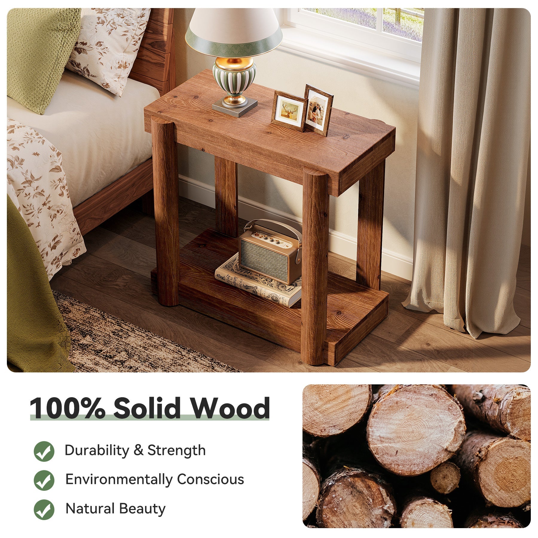 Solid Wood Modern Farmhouse End Table, 2-Tier Storage Shelf Side Table for Small Spaces