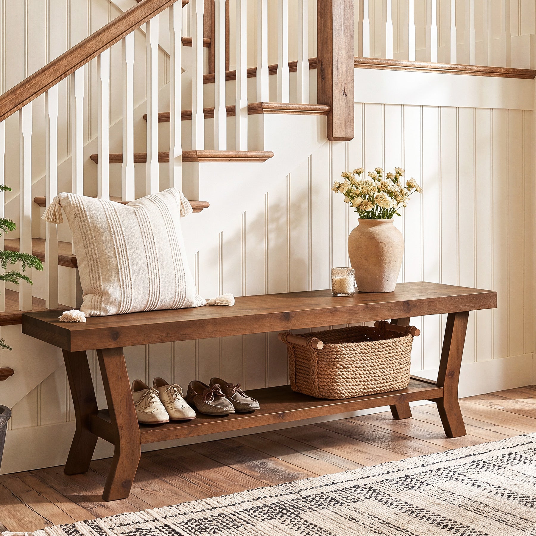 55-Inch Solid Wood Entryway Bench with Lower Shoe Shelf, Farmhouse Seat for Hallway