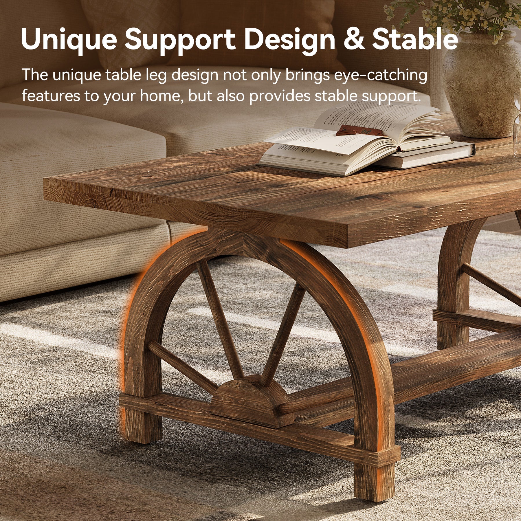 47" Solid Wood Coffee Table, Rectangular Center Table With Arched Base