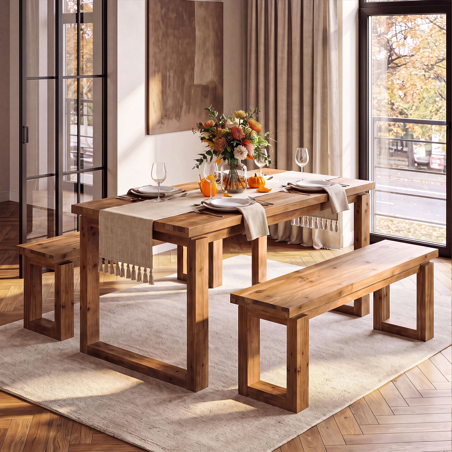 3-Piece Solid Wood Dining Table Set, Rectangular Kitchen Table with 2 Benches