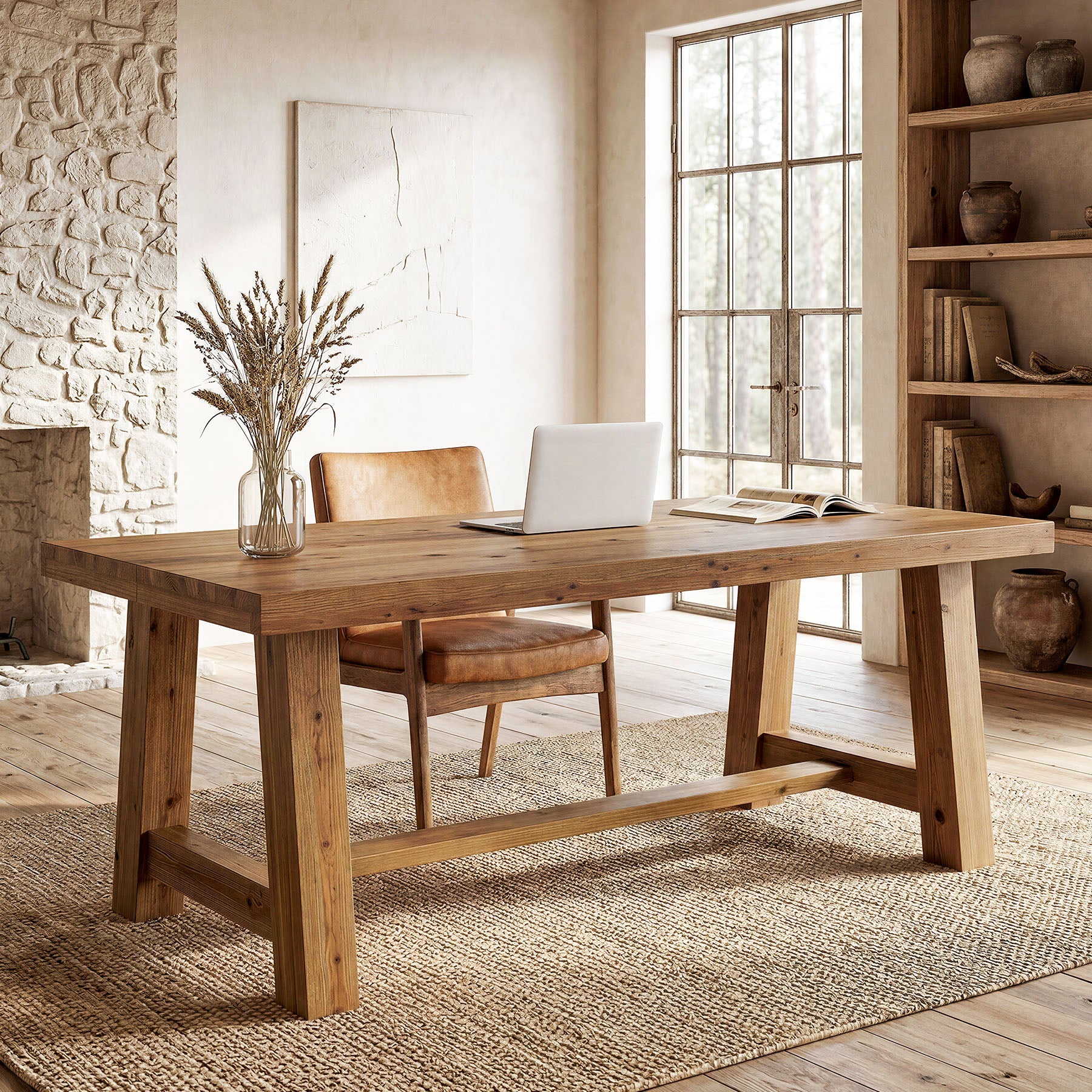 63" Farmhouse Computer Desk, Solid Wood Home Office Desk with Thick Tabletop