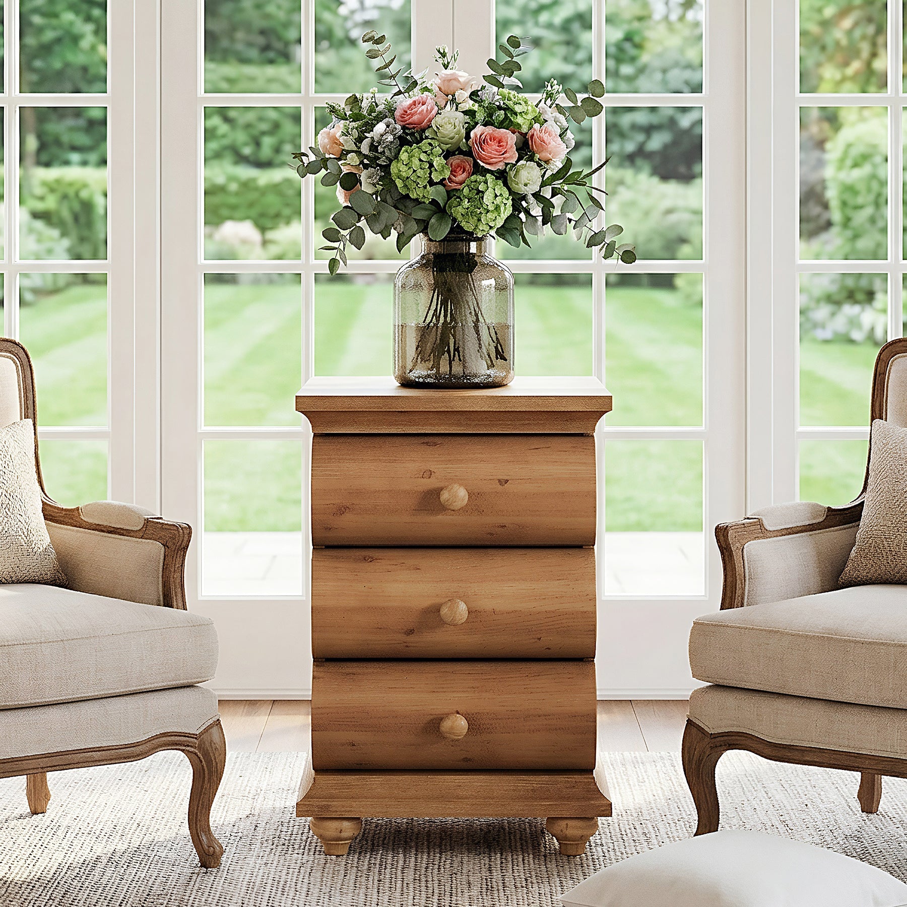 Solid Wood End Table with 3 Drawers, Narrow Side Table with Storage