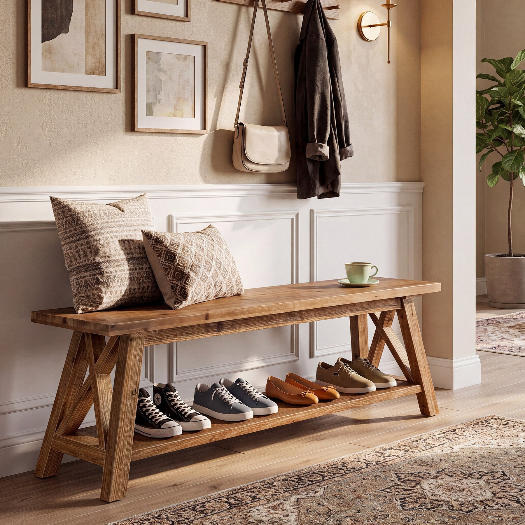 55" Solid Wood Entryway Bench, Farmhouse Shoe Seating with Storage